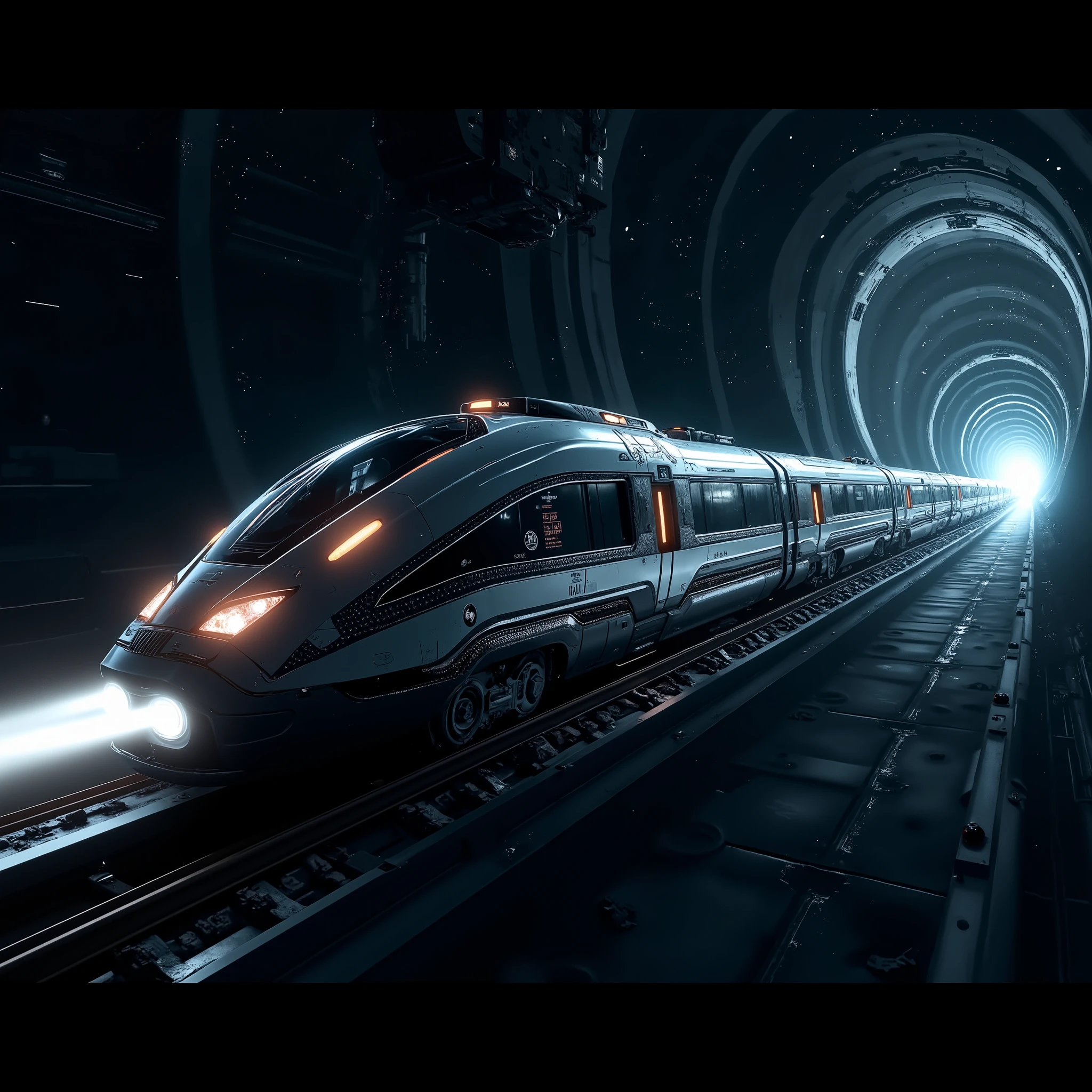  super space-time railway 、Going through the dark 、 running on a laser rail 、 transition gate in the direction of travel 、Sci-fi art、 cyberpunk、Advanced streamlined design for detailed futuristic railways、