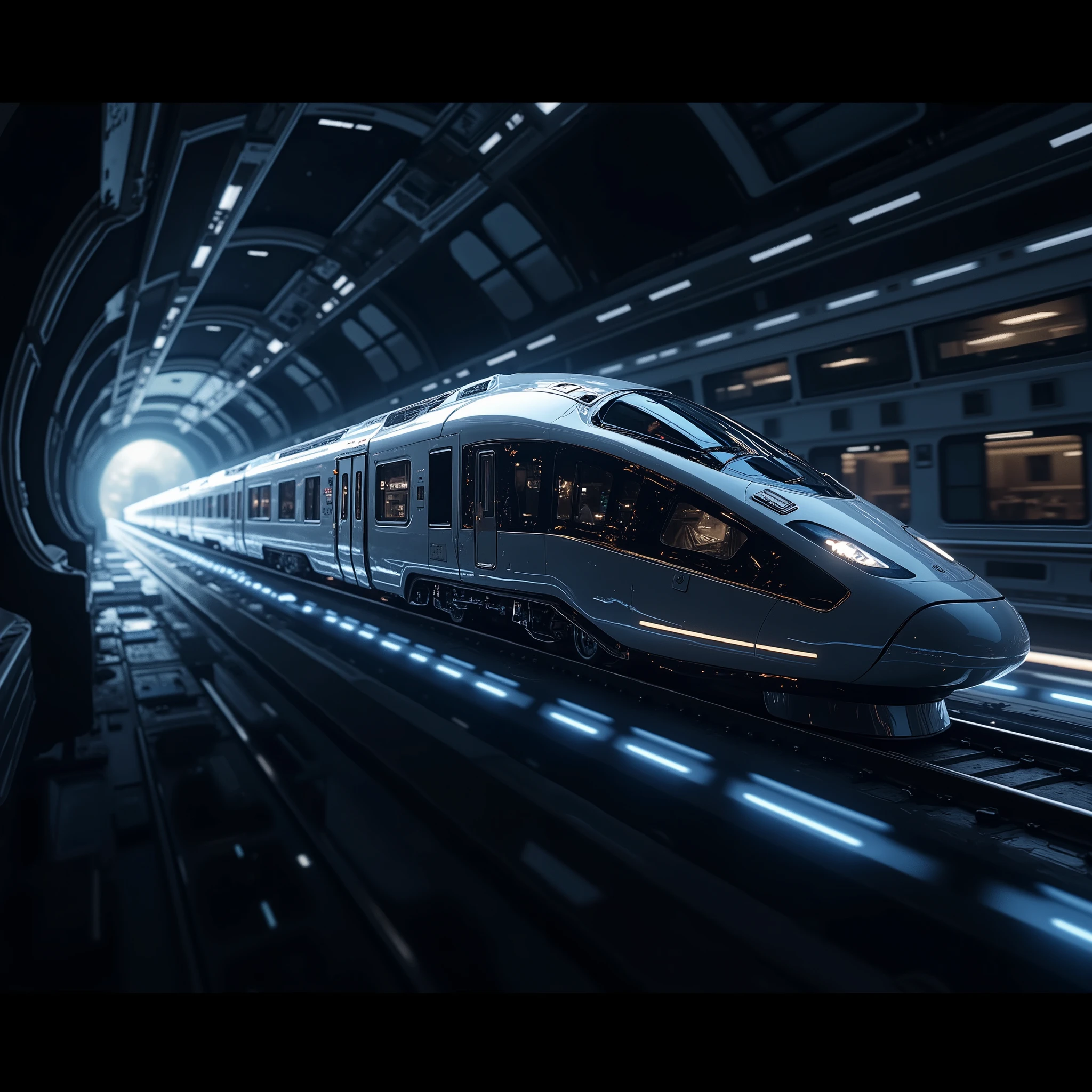  super space-time railway 、Going through the dark 、 running on a laser rail 、 transition gate in the direction of travel 、Sci-fi art、 cyberpunk、Advanced streamlined design for detailed futuristic railways、