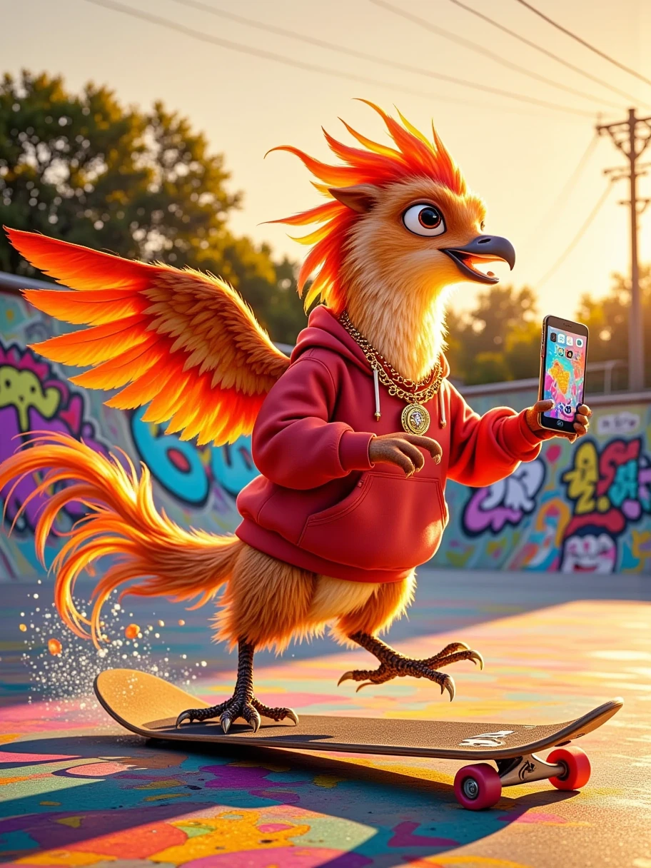  film grain ，Photo photography ，Movie， A gorgeous phoenix ， The feathers are bright and shiny like flames ， Its long tail feathers wobble 。 and a gorgeous golden pillar of light ， Chain ， The floor of the skate park is colored 。 It wears a loose red hoodie ， shines in the sun Dazzling light ， reveals a kind of casual and unruly 。
 This phoenix is leisurely riding a skateboard in the skate park， Its little claws grip the edge of the skateboard ，Rotate ，Bring a breeze， blowing feathers on its body 。 its claws hold the skateboard tightly ，Maintaining balance ，Eyes focused and confident。
 The phoenix is holding a latest iPhone phone in its mouth ，The screen lights up， It is wearing a loose white hoodie ， The coat color is as delicate and shiny as cream 。 The sun shines through the leaves ， to form a golden pillar of light ，Sprinkling on a phoenix and a skateboard ，Creates a light and shadow effect that interlaces light and dark。 with a gorgeous gold item ， to capture the wonderful moments in a skate park ， with exaggerated cartoon images ， and has abstract art patterns 。 The whole picture is presented in 8K HD ，Clarity is incomparable， with a sense of surrealism ， incorporates Chinese whimsical 、 Strange elements ，带有老Movie的独特韵味，仿佛是一部来自奇幻世界的Movie场景。