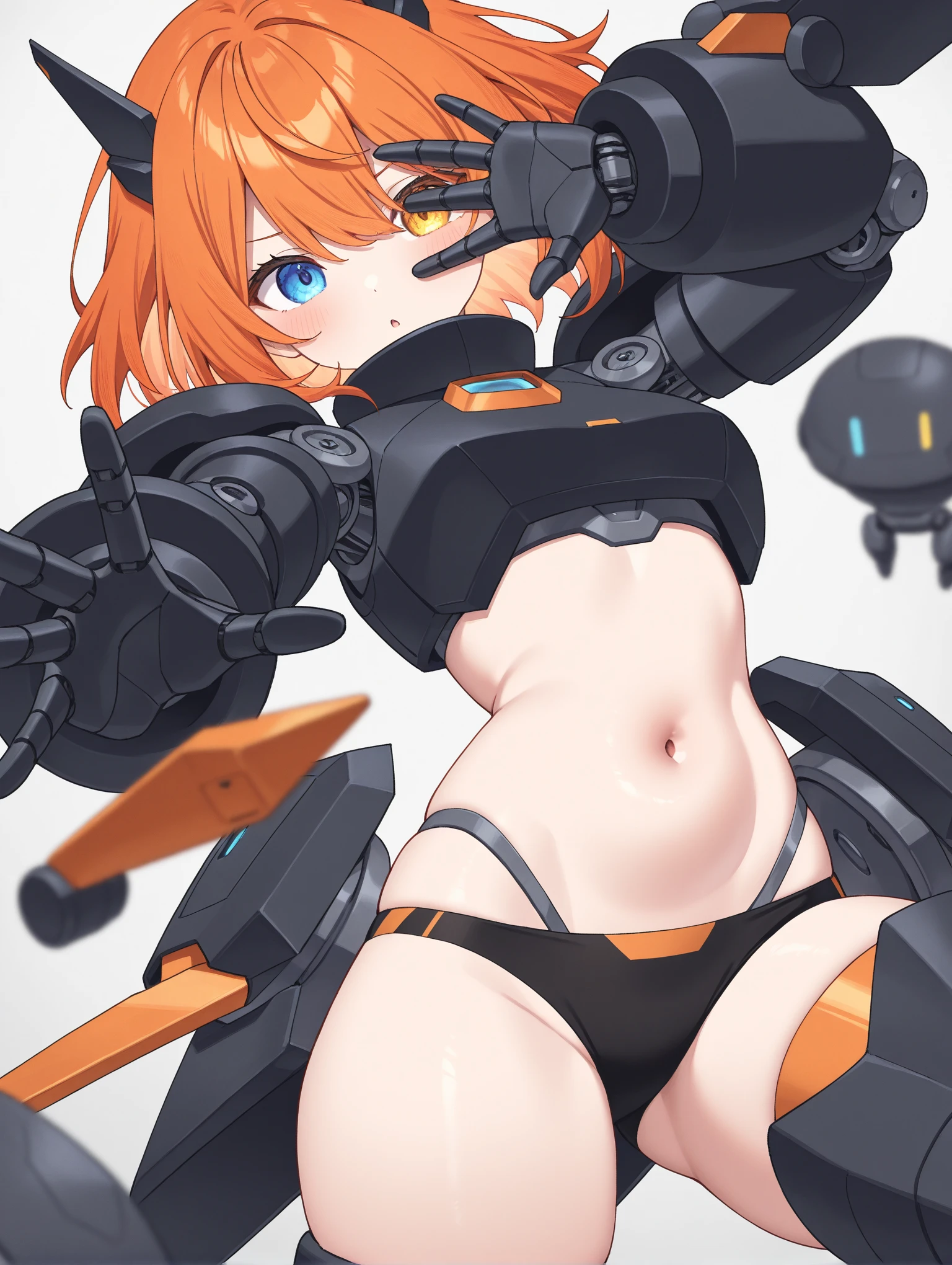  1girl, wearable robotic armor, detailed, cute girl, round face, sexy, skin, heterochromia, orange hair, action pose, open hand over her face, belly, thight black underwear appering, Masterpiece illustration, robot body parts, futuristic                                                                        
 ,masterpiece,best quality,newest,