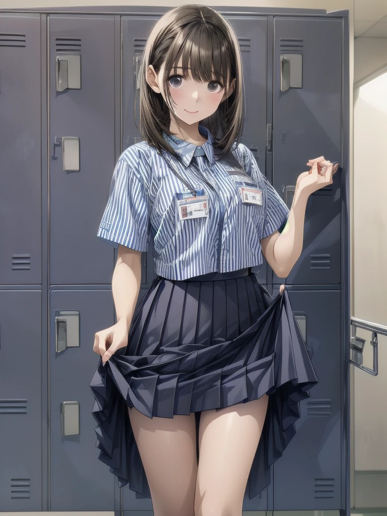 nsfw , anegasaki nene ,  (((highres official art))) , (((Anime Pinups))) , (((1girl))) , (((solo))) , (((a little lighter brown hair))) ,(((name holder))),  best quality, highres,  lawson uniform,大きな胸, employee uniform, shirt, name tag, short sleeves, striped shirt, striped, vertical-striped shirt, blue shirt, vertical stripes, alternate costume , (((lift skirt))), (((skirt hold))) , (((locker room))),(恥ずかしそうな顔:1.3)