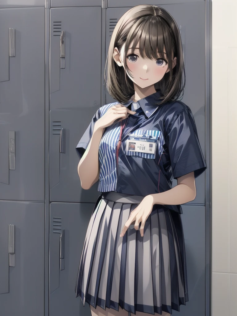 nsfw , anegasaki nene ,  (((highres official art))) , (((Anime Pinups))) , (((1girl))) , (((solo))) , (((a little lighter brown hair))) ,(((name holder))),  best quality, highres,  lawson uniform,大きな胸, employee uniform, shirt, name tag, short sleeves, striped shirt, striped, vertical-striped shirt, blue shirt, vertical stripes, alternate costume , (((lift skirt))), (((skirt hold))) , (((locker room))),(恥ずかしそうな顔:1.3)