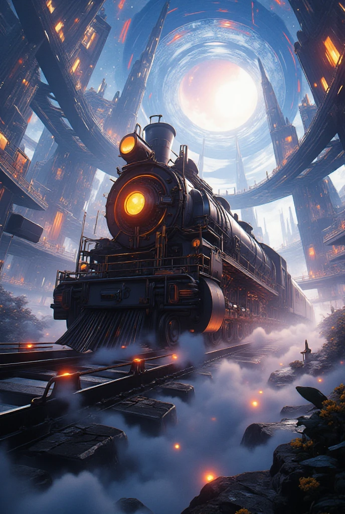 An awe-inspiring steampunk locomotive adorned with intricate golden gears, glowing neon-blue engine cores, and delicate clockwork etchings, barreling through a swirling, multidimensional rift of vibrant colors and shimmering light. The train’s sleek, metallic body radiates a mesmerizing blend of retro-futuristic craftsmanship and otherworldly energy. It emerges into a breathtaking scene: a futuristic cityscape with levitating skyscrapers wrapped in neon glows and transparent skybridges, juxtaposed against a mystical forest blanketed in ethereal mist and illuminated by an aurora-filled night sky. Golden steam cascades from its pistons, reflecting the soft hues of surrounding bioluminescent flora, while dynamic lighting and subtle shadows add depth and drama, evoking an irresistible sense of adventure and wonder.