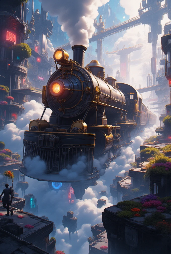 An awe-inspiring steampunk locomotive adorned with intricate golden gears, glowing neon-blue engine cores, and delicate clockwork etchings, barreling through a swirling, multidimensional rift of vibrant colors and shimmering light. The train’s sleek, metallic body radiates a mesmerizing blend of retro-futuristic craftsmanship and otherworldly energy. It emerges into a breathtaking scene: a futuristic cityscape with levitating skyscrapers wrapped in neon glows and transparent skybridges, juxtaposed against a mystical forest blanketed in ethereal mist and illuminated by an aurora-filled night sky. Golden steam cascades from its pistons, reflecting the soft hues of surrounding bioluminescent flora, while dynamic lighting and subtle shadows add depth and drama, evoking an irresistible sense of adventure and wonder.