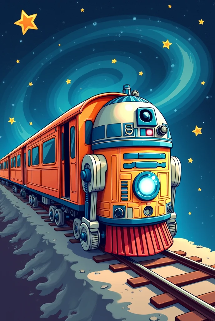 A cute,illustrated train resembling R2-D2,traveling through time and space.The train is vibrant and colorful,with whimsical designs and futuristic elements.The background features a swirling galaxy with stars and cosmic phenomena,emphasizing the theme of time travel.