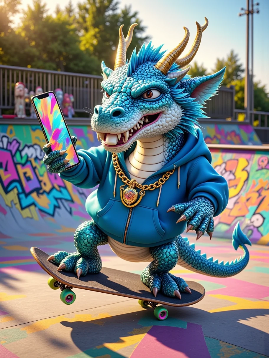  film grain ，Photo photography ，Movie， An imposing dragon ， The scales are bright and shiny like a blue jewel ，The body winds and swims 。 and a gorgeous golden pillar of light ， Chain ， The floor of the skate park is colored 。 It wears a loose blue hoodie ， shines in the sun Dazzling light ， reveals a kind of casual and unruly 。
 This dragon is leisurely riding a skateboard in the skate park， Its little claws grip the edge of the skateboard ，Rotate ，Bring a breeze， blowing scales on its body 。 its claws hold the skateboard tightly ，Maintaining balance ，Eyes focused and confident。
 The dragon is holding a latest iPhone phone in its mouth ，The screen lights up， It is wearing a loose white hoodie ， The coat color is as delicate and shiny as cream 。 The sun shines through the leaves ， to form a golden pillar of light ， on the Jiaolong and the skateboard ，Creates a light and shadow effect that interlaces light and dark。 with a gorgeous gold item ， to capture the wonderful moments in a skate park ， with exaggerated cartoon images ， and has abstract art patterns 。 The whole picture is presented in 8K HD ，Clarity is incomparable， with a sense of surrealism ， incorporates Chinese whimsical 、 Strange elements ，带有老Movie的独特韵味，仿佛是一部来自奇幻世界的Movie场景。