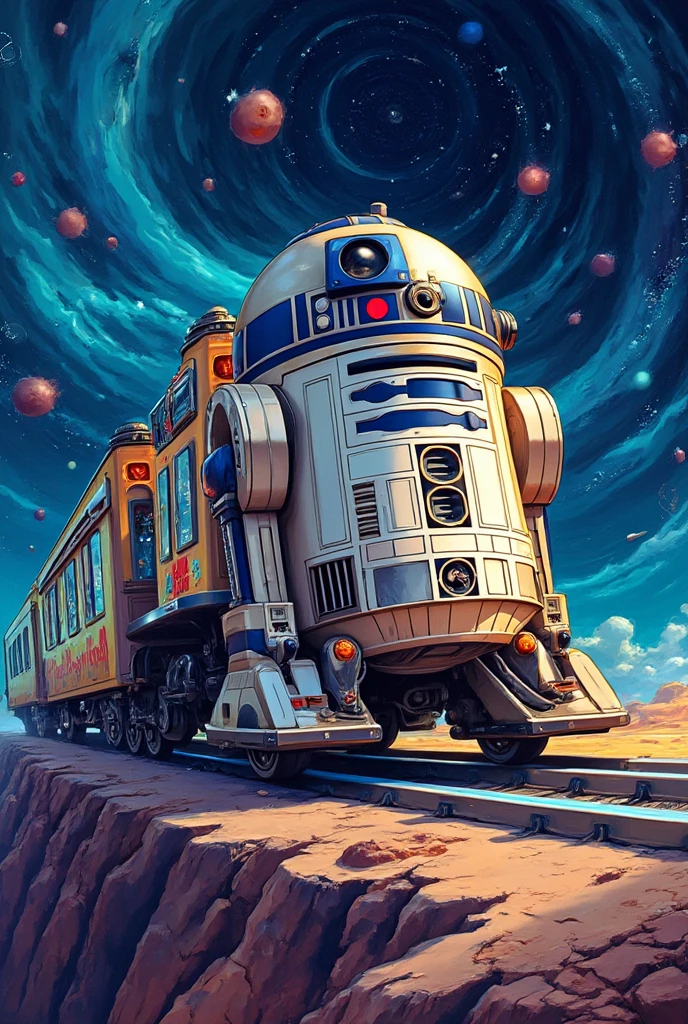 A cute,illustrated train resembling R2-D2,traveling through time and space.The train is vibrant and colorful,with whimsical designs and futuristic elements.The background features a swirling galaxy with stars and cosmic phenomena,emphasizing the theme of time travel.