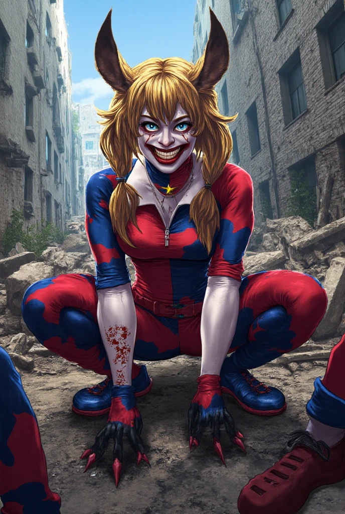 (Extreme complexity, two unique subjects) Margot Robbie as Harley Quinn (insane pretty face, tiny themed outfit Harley Quinn makeup on body, blood spatter) is wielding a bloody ball bat. Harley is standing over a confused Saitama who is lying on the ground on his back (iconic yellow suit, blood spatter, red cape, bald head). Downtown Tokyo