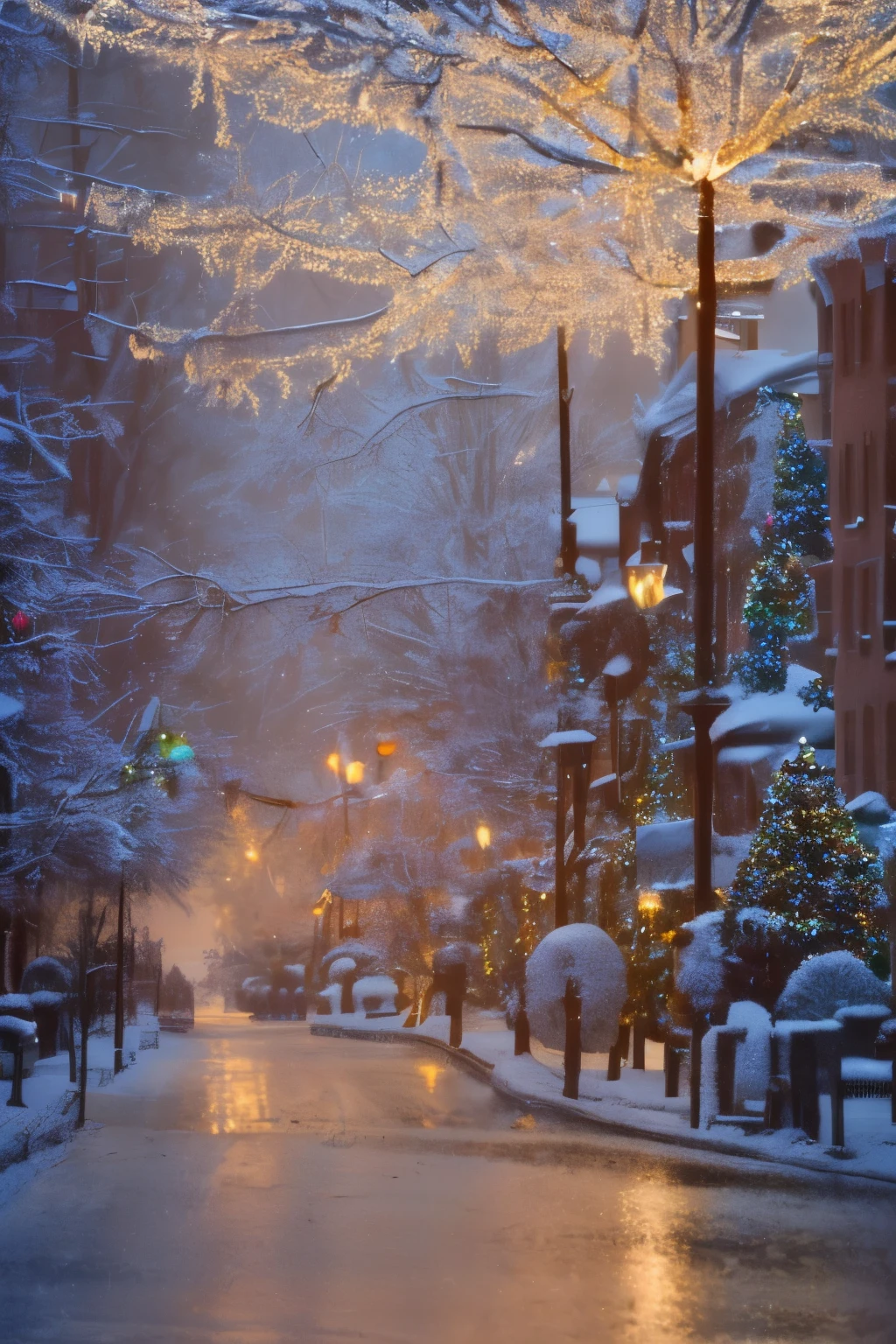 a beautiful christmas tree, a stunning night cityscape, glowing lights, snow covered landscape, winter wonderland, warm atmosphere, cozy village, holiday decorations, festive mood, magical night, (best quality,4k,8k,highres,masterpiece:1.2),ultra-detailed,(realistic,photorealistic,photo-realistic:1.37),detailed ornaments, warm lighting, snowy trees, twinkling stars, reflections in water, christmas carolers, horse-drawn carriage, hot chocolate steam, string lights, frost on windows, holiday cheer