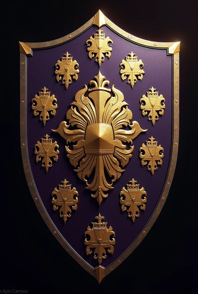 a single war shield that contains 13 different golden symbols, with one highlighted in the center and the rest dark purple and each one symbolizes an important family of the aristocracy
