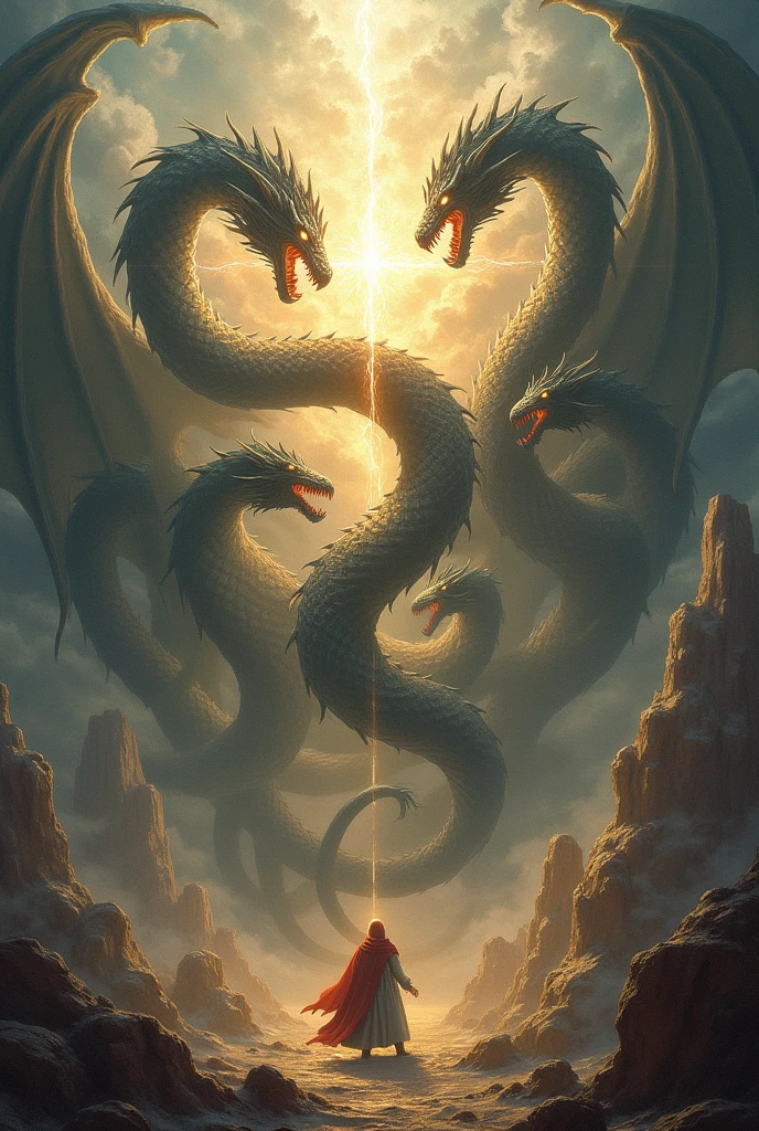 Encounter with the Ancestral Dragon: Illustrate the moment Hiro encounters the majestic Ancestral Dragon, unveiling the secrets of elemental energy, with intricate designs of magical energy