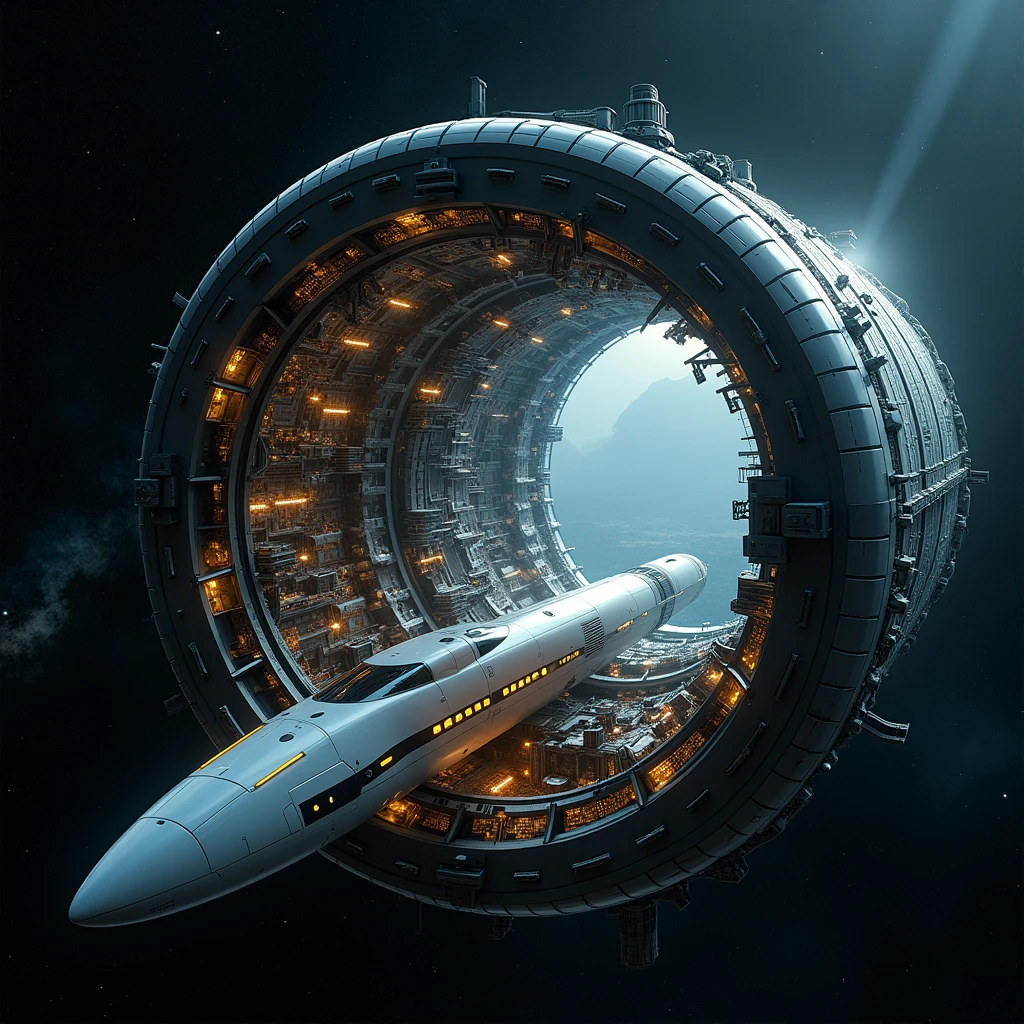 A breathtaking view of a futuristic space colony, designed as a massive Clock structure floating in the cosmos. The interior of the cylinder reveals a meticulously planned cityscape. (A high speed bullet train-shaped spaceship performs warp travel.:2.0),(sf:2.0),(A streamlined Time-Traveling resembling the bullet train:2.0), emphasizing the scale and grandeur of the structure, with high dynamic range to balance the bright interior with the dark vacuum of space.