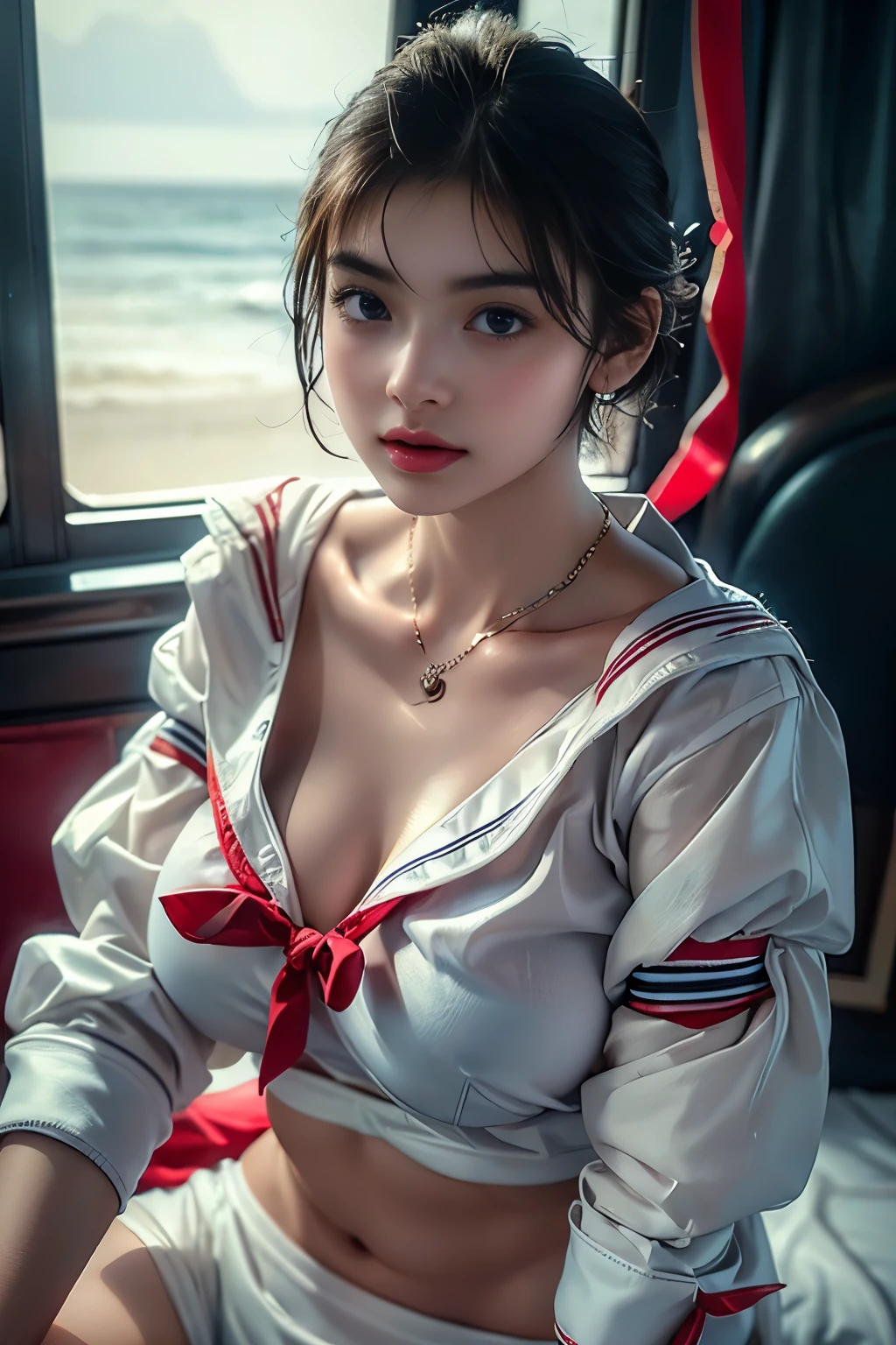 masterpiece,  best quality, 8k,  photorealistic showing panties,  high definition , 1 Female, Alone,  watch viewers, (  detail face ),((full throttle white sailor suit))、Super beautiful woman、 erotic short hair、(( itting、 jewelry、Soft beautiful breasts、 Sexy Expression 、 realistic skin、Realistic Face, red ribbon 
