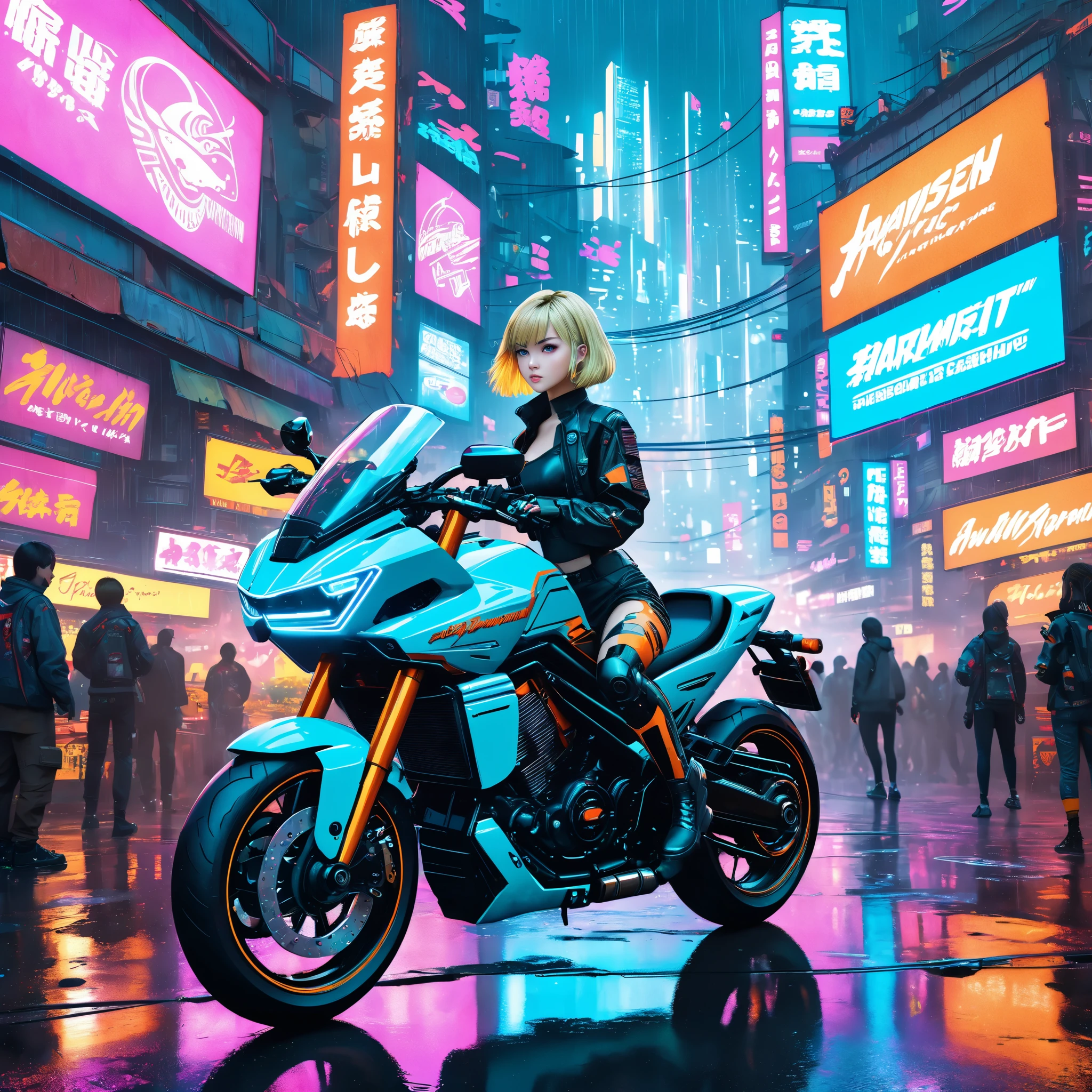 A Girl in Star Wars Clothes. Blonde hair, fair skin. Holding umbrella with right hand. Underneath a rain. Wheelless motorcycles and spaceships standing in a city on the moon --auto --s2