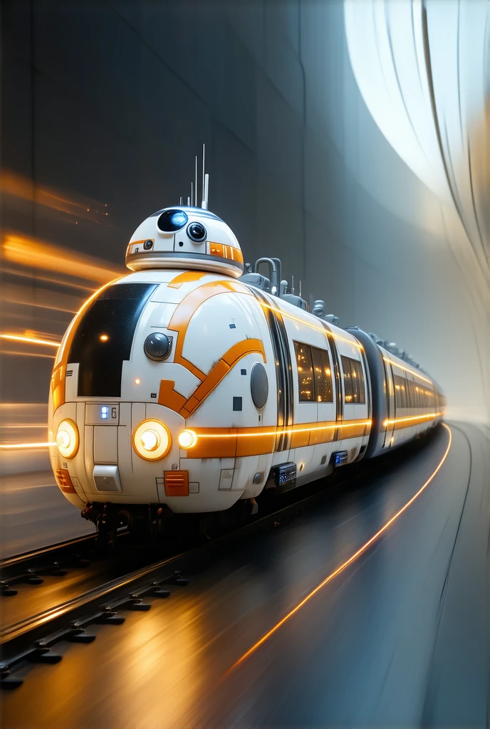 A stylish, realistic time-traveling train shaped like BB-8, with laser beams firing from its sides, set against a dynamic background that suggests movement through time and space. The train should have intricate details and a futuristic design, capturing the essence of adventure and technology.