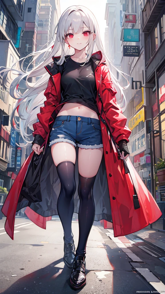 (masterpiece, top quality, best quality, official art:1.2), anime, 1 girl, full body, silver hair, red eyes, long hair, small breasts, long red jacket, black shirt, short jeans, black socks, black shoes, modern cityscape, smile, masterpiece, 8k, high quality, detailed art