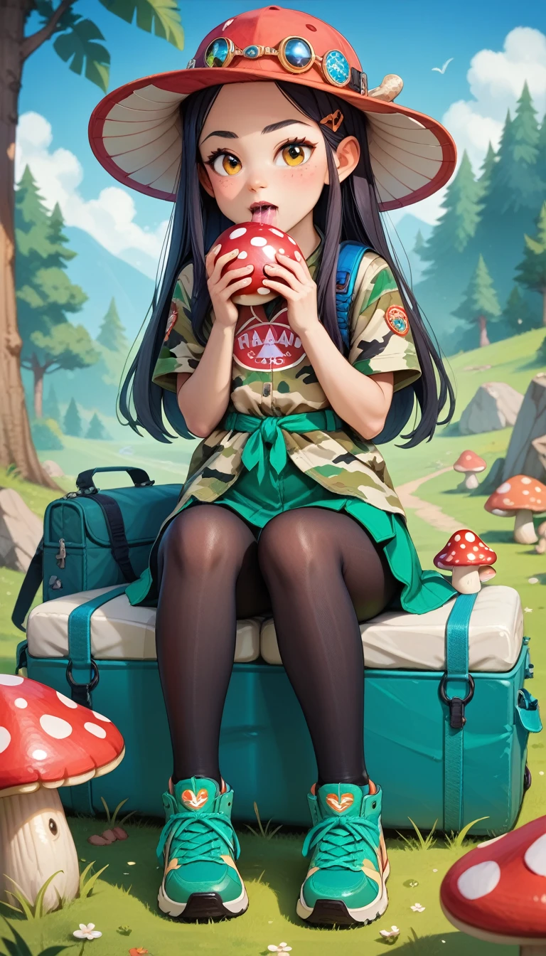 Asuka Tanaka, tight camouflage silk top, extra short army green cargo skirt, (highly shiny black pantyhose:1.4), sneakers, (loli:1.4), sitting in a camp, enthusiastically sucking mushroom shiitake, mushroom in her hand, a lot saliva