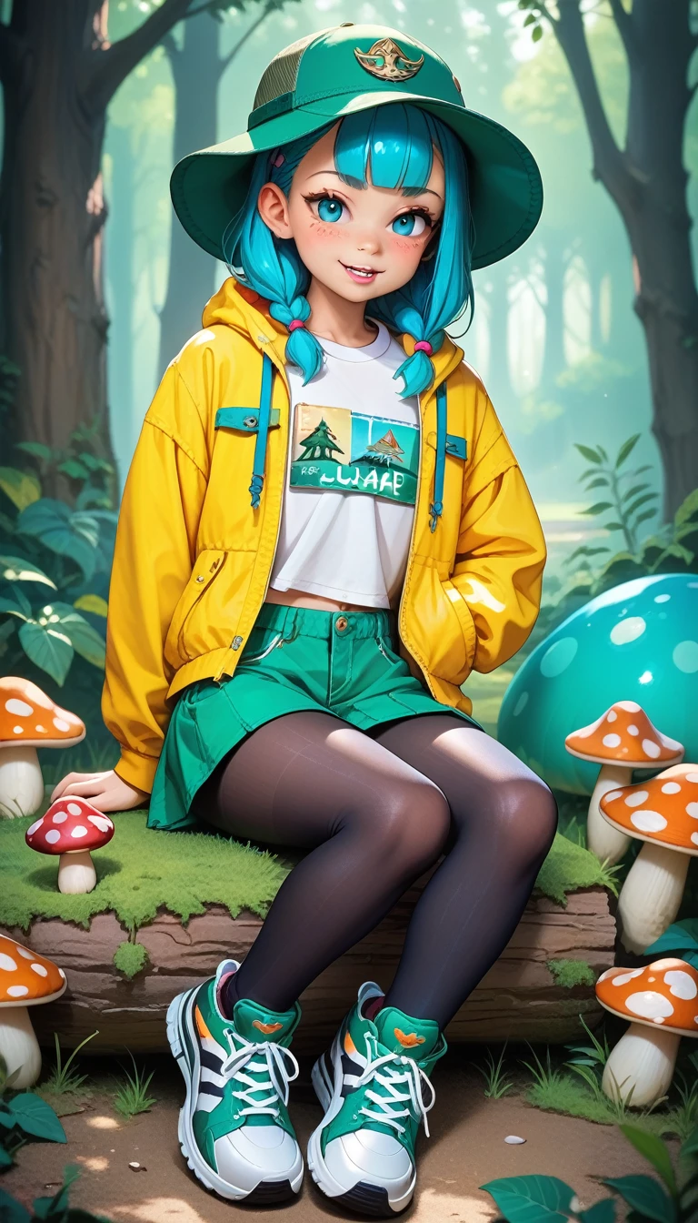 Asuka Tanaka, tight camouflage silk top, extra short army green cargo skirt, (highly shiny black pantyhose:1.4), sneakers, (li:1.4), sitting in a camp, enthusiastically sucking mushroom shiitake, mushroom in her hand, a lot saliva