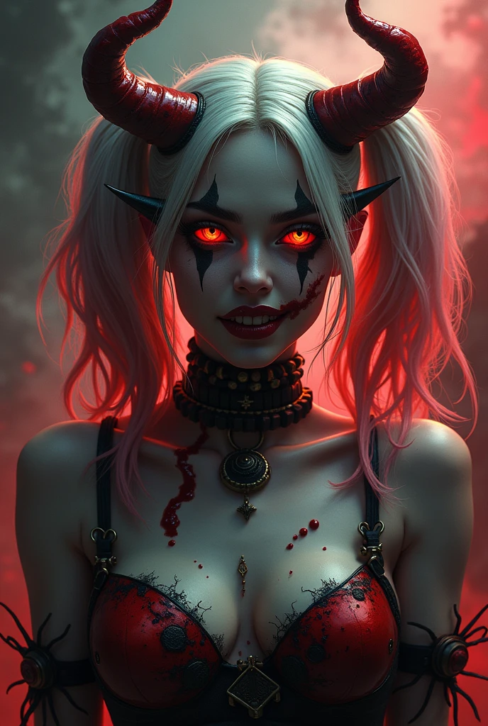"(best quality,highres:1.2),ultra-detailed,realistic:1.37,portrait,The Joker,female version,curvy,dark background,scary expression,detailed face,piercing eyes,smoky eye makeup,white-pale skin,painted red lips,long,wild hair,twisted smile,ominous laughter,creepy smile,fairly terrifying,gruesome details,horrifying appearance,black and red color scheme,nightmare-inducing,menacing presence,elaborate costume,mysterious ambiance,Gothic vibes,intense lighting,hauntingly beautiful,macabre artistry"