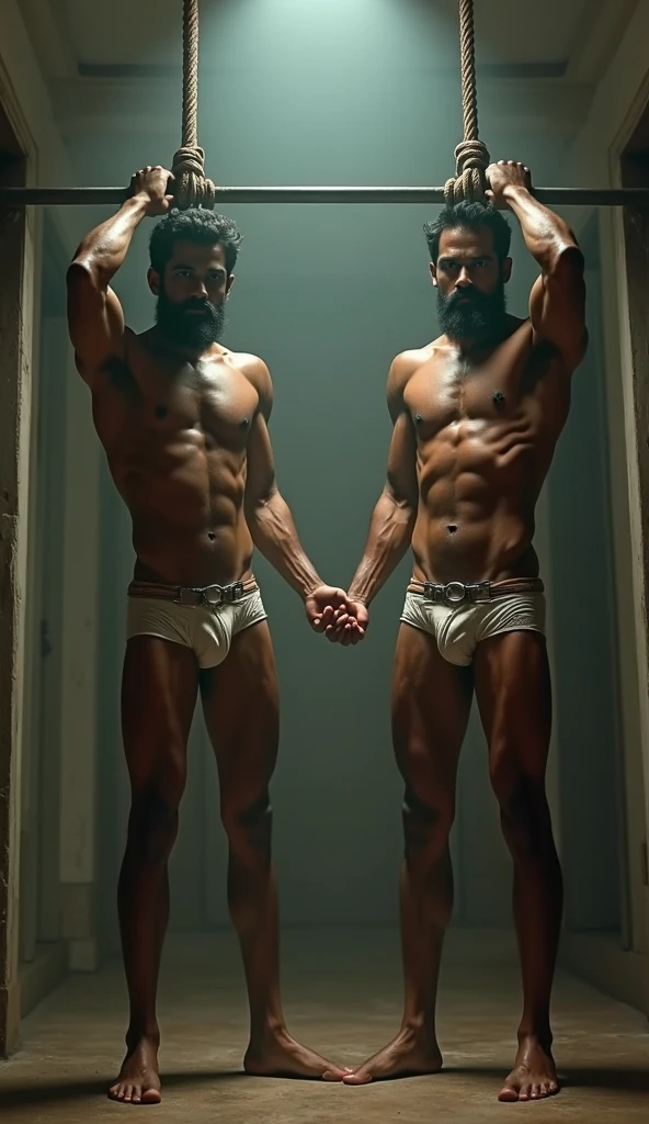 20-year-old jail prisoner, two jail prisoners in frame, standing next to each other, pakistani men, male protagonists, clean shaven, naked!! hairy body!! muscular, hot, lean muscles, hands tied with rope!! hands raised up in the air, face looking tensed, realistic image