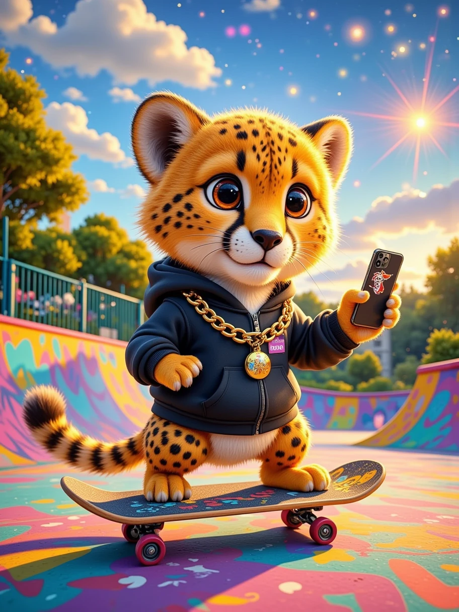 3D 3D oil painting，Van Gogh oil painting，Fingerprint oil painting，3D relief， a small, lightweight cheetah ， The coat color is unique and shiny like a speck of gold ， There are some signs of wear 。 and a gorgeous golden pillar of light ， Chain ， The floor of the skate park is colored 。 It is wearing a loose black hoodie ， shines in the sun Dazzling light ， reveals a kind of casual and unruly 。  The little cheetah is leisurely riding a skateboard in the skate park， Its little claws grip the edge of the skateboard ，Rotate ，Bring a breeze， blows its hair 。 its claws hold the skateboard tightly ，Maintaining balance ，Eyes focused and confident。  The little cheetah is holding a latest iPhone phone ，The screen lights up， It is wearing a loose white hoodie ， The coat color is as delicate and shiny as cream 。 The sun shines through the leaves ， to form a golden pillar of light ， flexibly on the little cheetah and skateboard ，Creates a light and shadow effect that interlaces light and dark。 with a gorgeous gold item ， to capture the wonderful moments in a skate park ， with exaggerated cartoon images ， and has abstract art patterns 。 The whole picture is presented in K HD ，Clarity is incomparable， with a sense of surrealism ， incorporates Chinese whimsical 、 Strange elements ， with the unique charm of old movies ， It's using one of its claws to adjust the angle ， The whole picture is brightly colored ， full of life and vitality ， and also shows the infinite charm of future technology 
