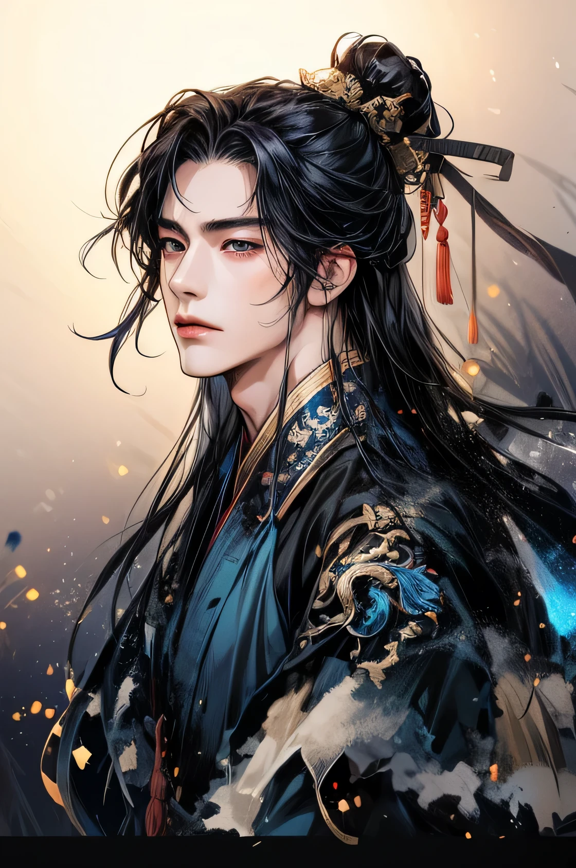  Ancient Chinese  ,  Adult Male, Age about 25 years old , Handsome ,  singular,Hanfu , Ancient Chinese  Hairstyles,long hair,black hair,Black eyes,Song Dynasty Costume,dark blue, romantic,   Original Concept Illustration ,   Masterpiece Illustration  ,Dark background