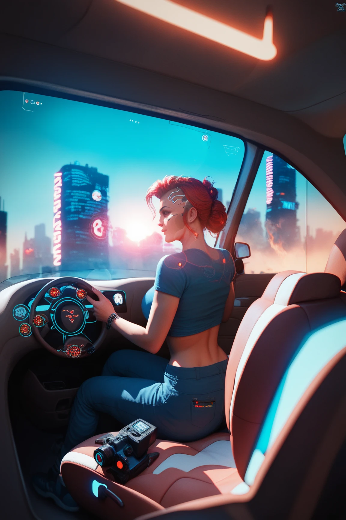 Inside the cockpit of a flying car, woman sitting in the driver's seat. Camera is inside the car towards the side mirror, futuristic dashboard with holographic display, neon lights cityscape seen through windshield, cyberpunk megalopolis, burning streets below, huge skyscrapers with glowing windows, dystopian atmosphere, night view, stereoscopic fog, blue and orange color contrast, lens flare, detailed interior vehicle controls, raindrops falling on glass, motion blur effect, highly detailed, cinematic lighting, 8k, realistic, blade runner style, ultrawide --ar 16:9 --style cinematic --q 2