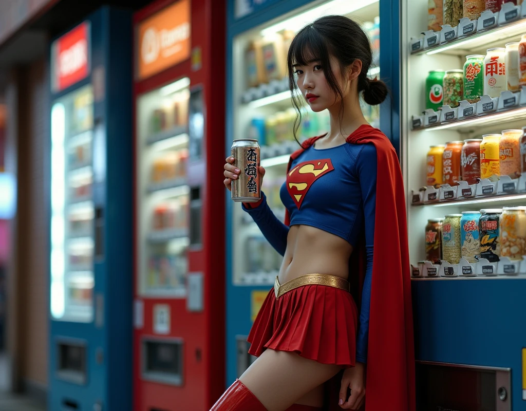 自動販売機にもたれて缶コーヒーを飲む Supergirl:1.331, Black Canned Coffee :1.331, standing:1.331,  perfect composition of drapes , Proper placement, Golden Ratio, (masterpiece,  best quality:1.331), Front View:1.331,  Supergirlのコスチュームの日本人女性:1.331,  Supergirl:1.331, (Sexy blue latex crop top  ,  red pleated mini skirt , Red Long Boots :1.21), Clear Detailed Eyes , brown eyes,  on a metal cylinder,  has a small head:1.331, 細身の体:1.331,  Thin Waist:1.331, Thin limbs:1.331,  flat chested:1.331, (gap:1.331), (  small hips :1.331),  brown hair,  wavy hair , Long bangs, Downtown,Vending Machine Corner ,  Dynamic and Emotional Movie Lighting , 