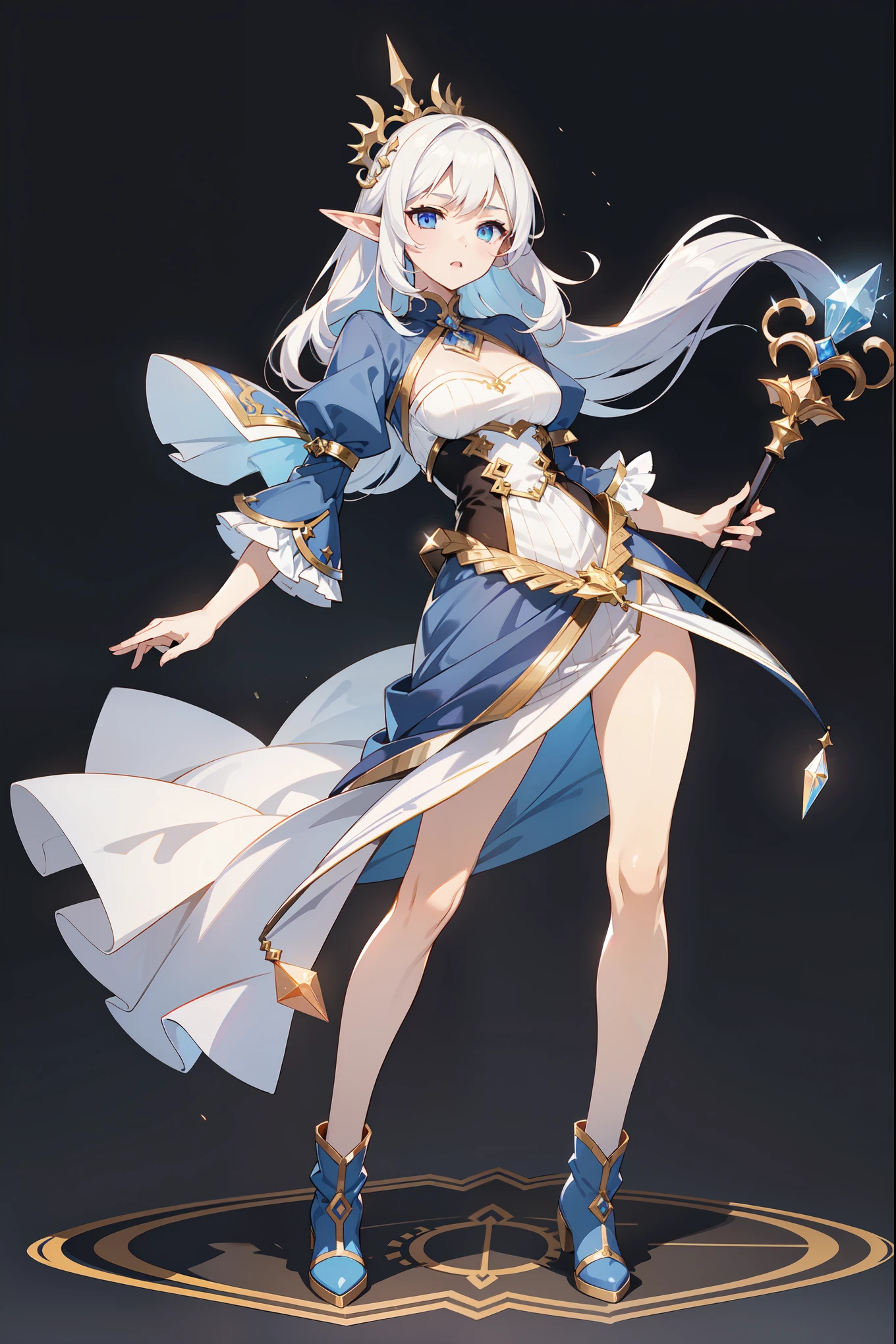 Image is a fullbody digital illustration of ragnarok online character, featuring a full-body young female elf with large, beautiful amber eyes and light skin. She has long, white hair and pointed ears, wearing a large, pointed wizard hat adorned with a star pattern and a purple gem. Her outfit consists of a black and blue dress with a diamond pattern on the bodice, white ruffled sleeves, and a blue skirt. She holds a magical staff with a glowing, crystalline tip emitting blue light and shards. Her boots are blue with gold accents, matching the overall color scheme. The background is plain white, emphasizing the character's vibrant design. Ensure no part of the character is cropped or cut off. Highly detailed, vibrant colors, and realistic proportions.