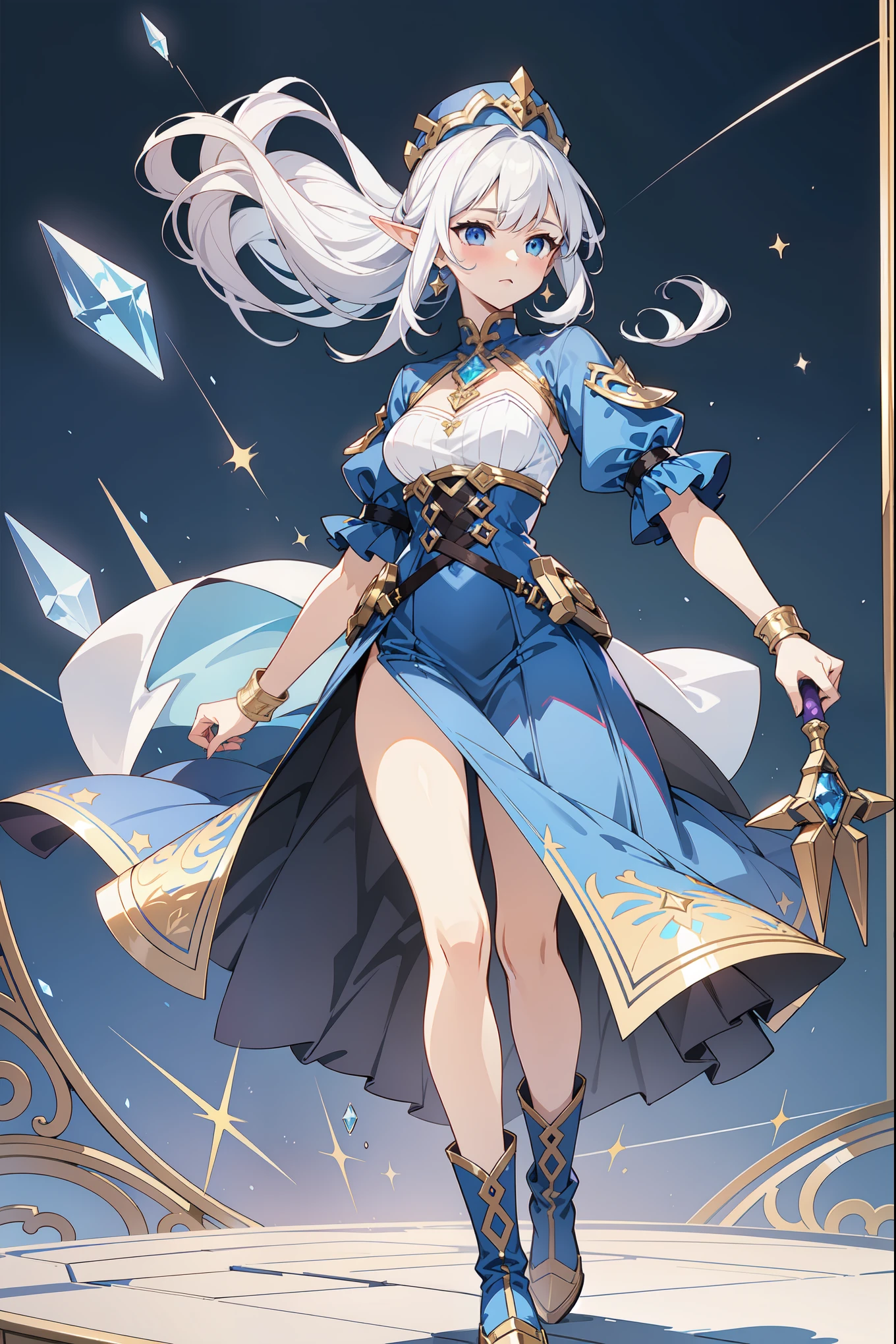 Image is a fullbody digital illustration of ragnarok online character, featuring a full-body young female elf with large, beautiful amber eyes and light skin. She has long, white hair and pointed ears, wearing a large, pointed wizard hat adorned with a star pattern and a purple gem. Her outfit consists of a black and blue dress with a diamond pattern on the bodice, white ruffled sleeves, and a blue skirt. She holds a magical staff with a glowing, crystalline tip emitting blue light and shards. Her boots are blue with gold accents, matching the overall color scheme. The background is plain white, emphasizing the character's vibrant design. Ensure no part of the character is cropped or cut off. Highly detailed, vibrant colors, and realistic proportions.