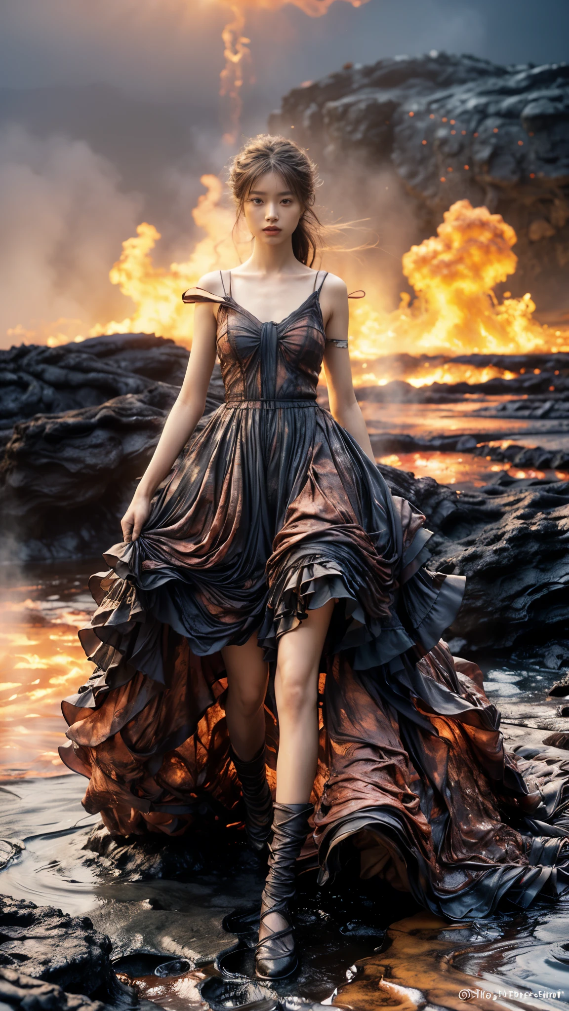 (8K, RAW photo, Best quality,Masterpiece:1.2),(Realistic, photo-realistic:1.37), 1girll,Long legs, full bodyesbian,(molten lava:1.3),Ocean,Dress made of roses，a volcano erupts，Magma flow，Infrared photography, 1.4x realism，UHD，textured skitomy correct，Accurate and perfect Korean female face，Golden ratio)