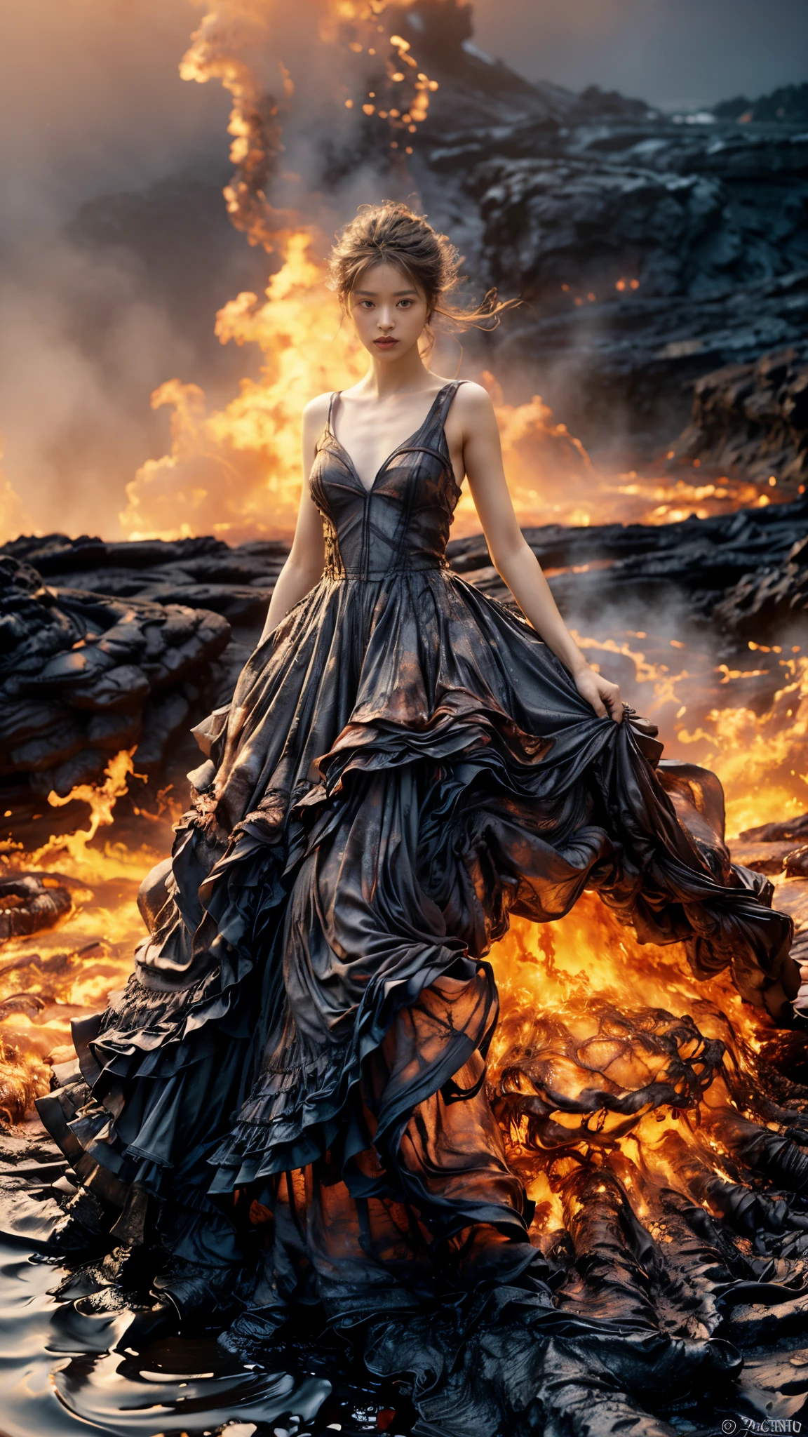 (8K, RAW photo, Best quality,Masterpiece:1.2),(Realistic, photo-realistic:1.37), 1girll,Long legs, full bodyesbian,(molten lava:1.3),Ocean,Dress made of roses，a volcano erupts，Magma flow，Infrared photography, 1.4x realism，UHD，textured skitomy correct，Accurate and perfect Korean female face，Golden ratio)