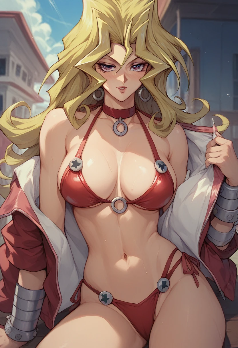 Woman  
Mai Valentine ,on the stage playing yugioh,in bikini ,,blonde hair,