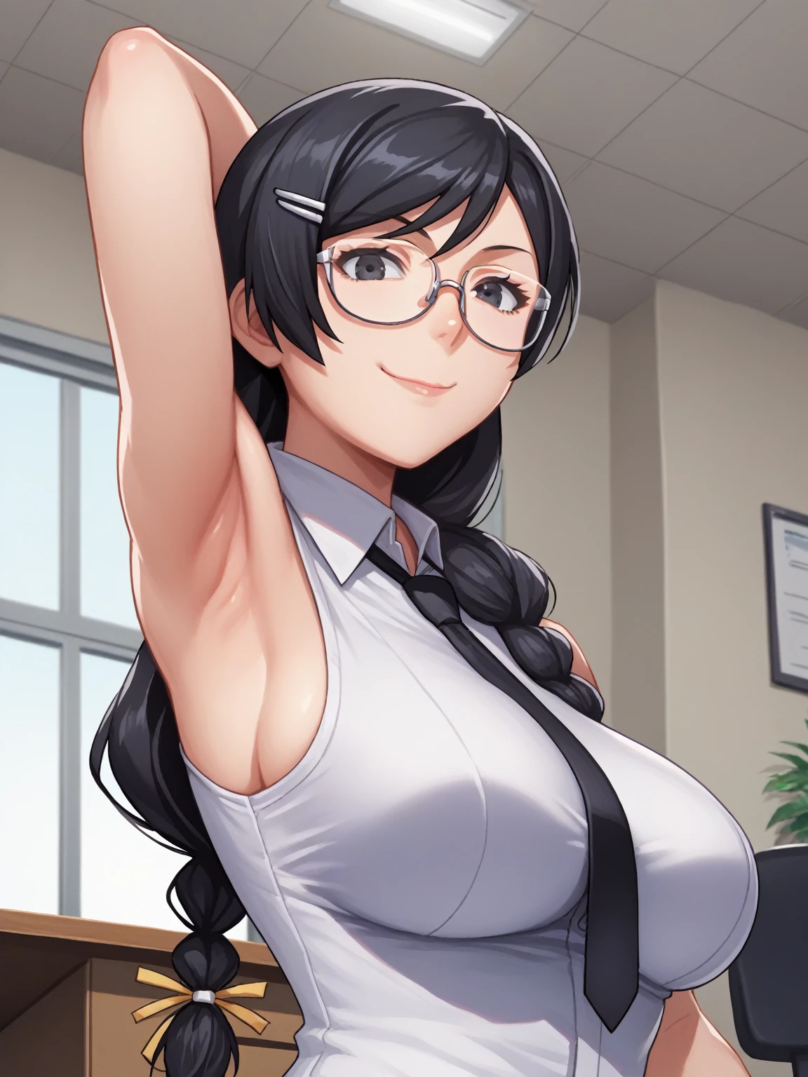 score_9, score_8_up, score_7_up, source_anime, anime screencap, 1girl, solo, hanekawa tsubasa, long hair, black hair, black eyes , large breasts, 2 braid hair, glasses,white shirt, collared shirt, sleeveless shirt, black necktie, office lady, arm behind head, armpit, from side, from below, looking at viewer, head towards viewer, smile, closed mouth, badhandv4, indoors, office, large breasts 