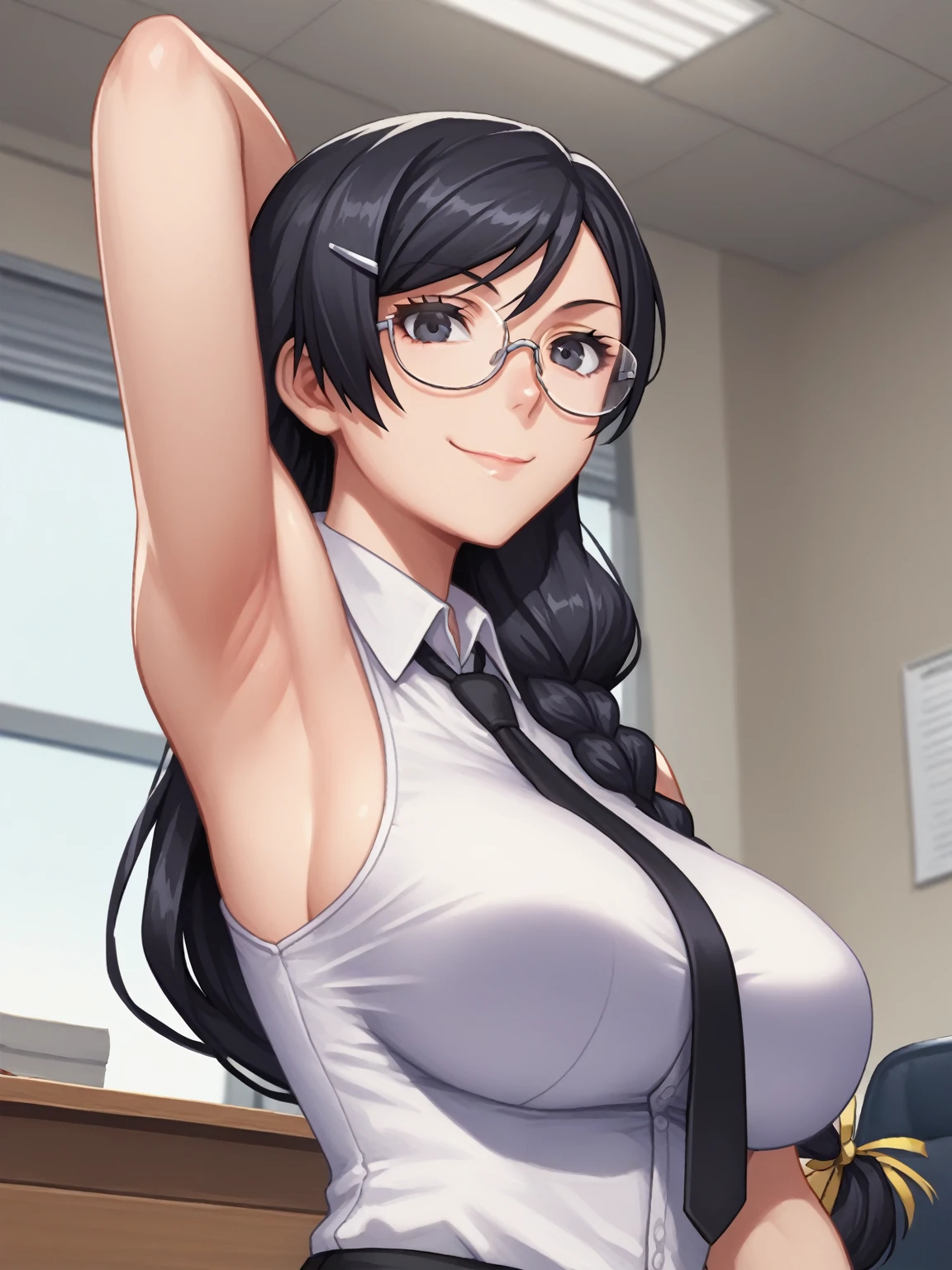 score_9, score_8_up, score_7_up, source_anime, anime screencap, 1girl, solo, hanekawa tsubasa, long hair, black hair, black eyes , large breasts, 2 braid hair, glasses,white shirt, collared shirt, sleeveless shirt, black necktie, office lady, arm behind head, armpit, from side, from below, looking at viewer, head towards viewer, smile, closed mouth, badhandv4, indoors, office, large breasts 