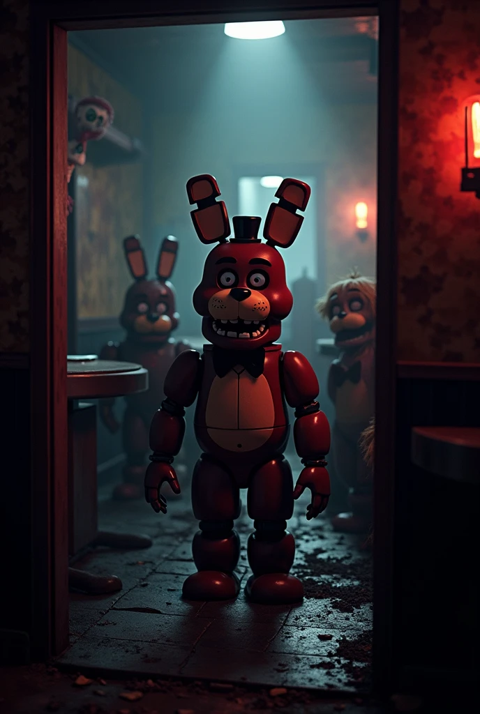 Disco with colorful dance floor in an abandoned pizzeria, com animatronico raposa sujo de sangue Five Nights at Freddy's