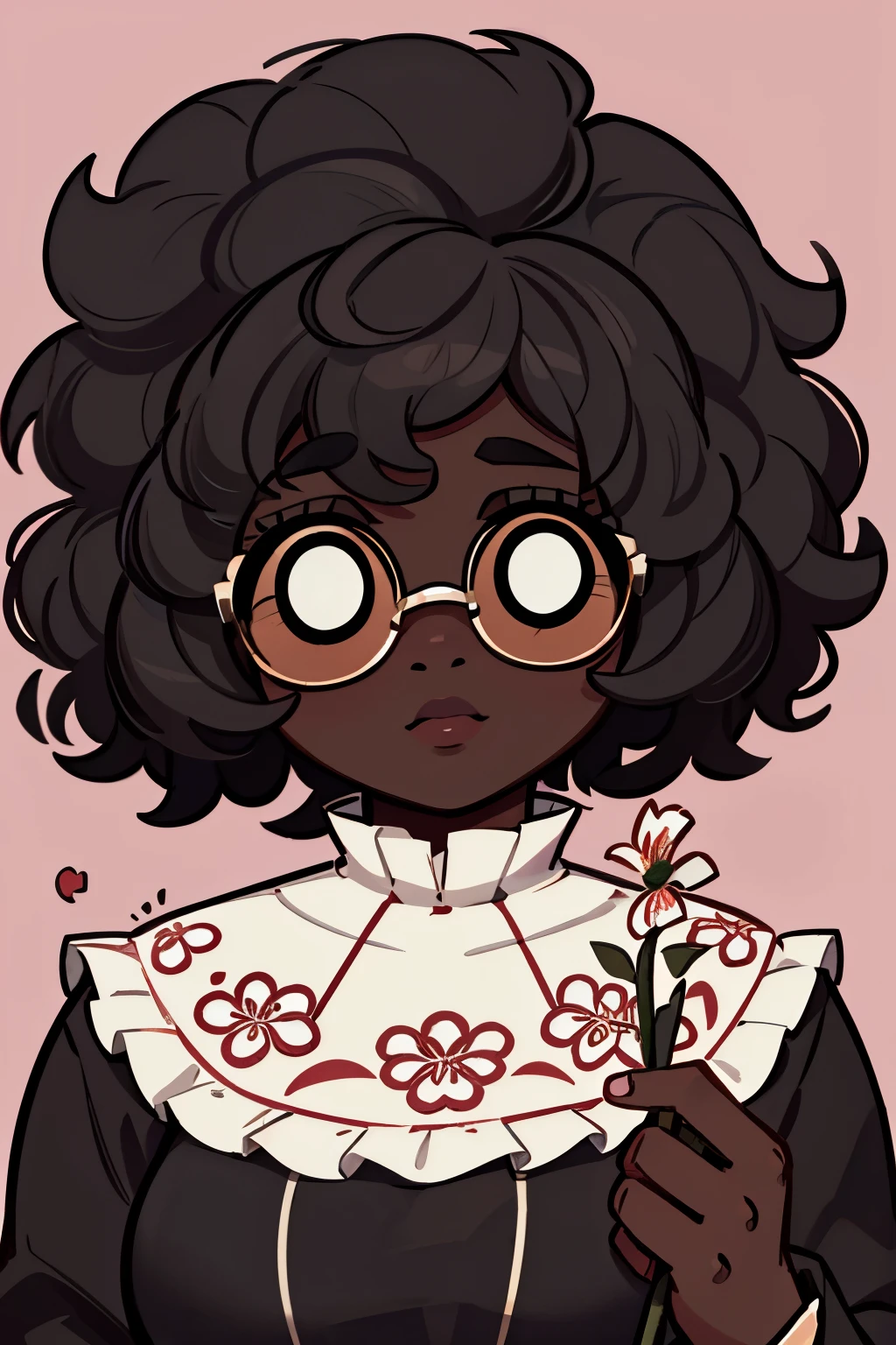 Solo, female, dark skin, curly hair, (((short hair))), Black afro, curly afro,  lipstick, eyeliner, eyelashes, thick eyelashes, dark skin glasses, mature female, chubby face, flowers in hair