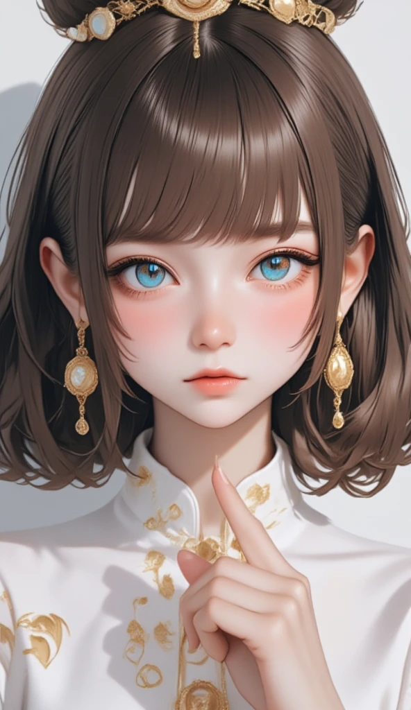 cute girl, ( brown hair), ((Very cute hair)),  perfect face,  innocent smile ,  upper body,(Cerulean Eye), (Yang), ( smaller), (slender), (( flat chested)), (()),  Skintation ,  Extreme Details,  charming oval face ,  red lips, pink,  Shiny Skin ,  detailed hair,  face focus to be interrogated, Breast close-up,  Luxurious Hair Ornaments,  gold earrings, (( 1 girl)),  Embarrassing Facial Expression ,