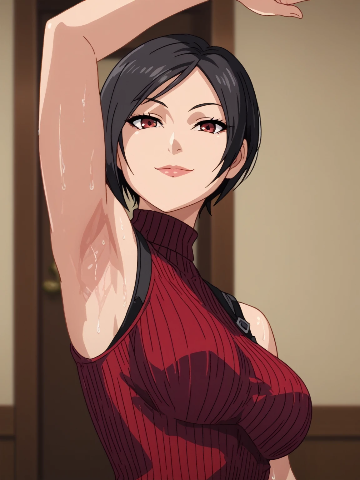 score_9, score_8_up, score_7_up, source_anime, anime screencap, 1girl, solo, Ada wong, red eyes, black hair, red sweater, sleeveless sweater, turtleneck sweater, ribbed sweater, arm up, raised arm, armpit, from side, looking at viewer, head towards viewer, smile, closed mouth, badhandv4, indoors , detailed armpits, sweaty armpits