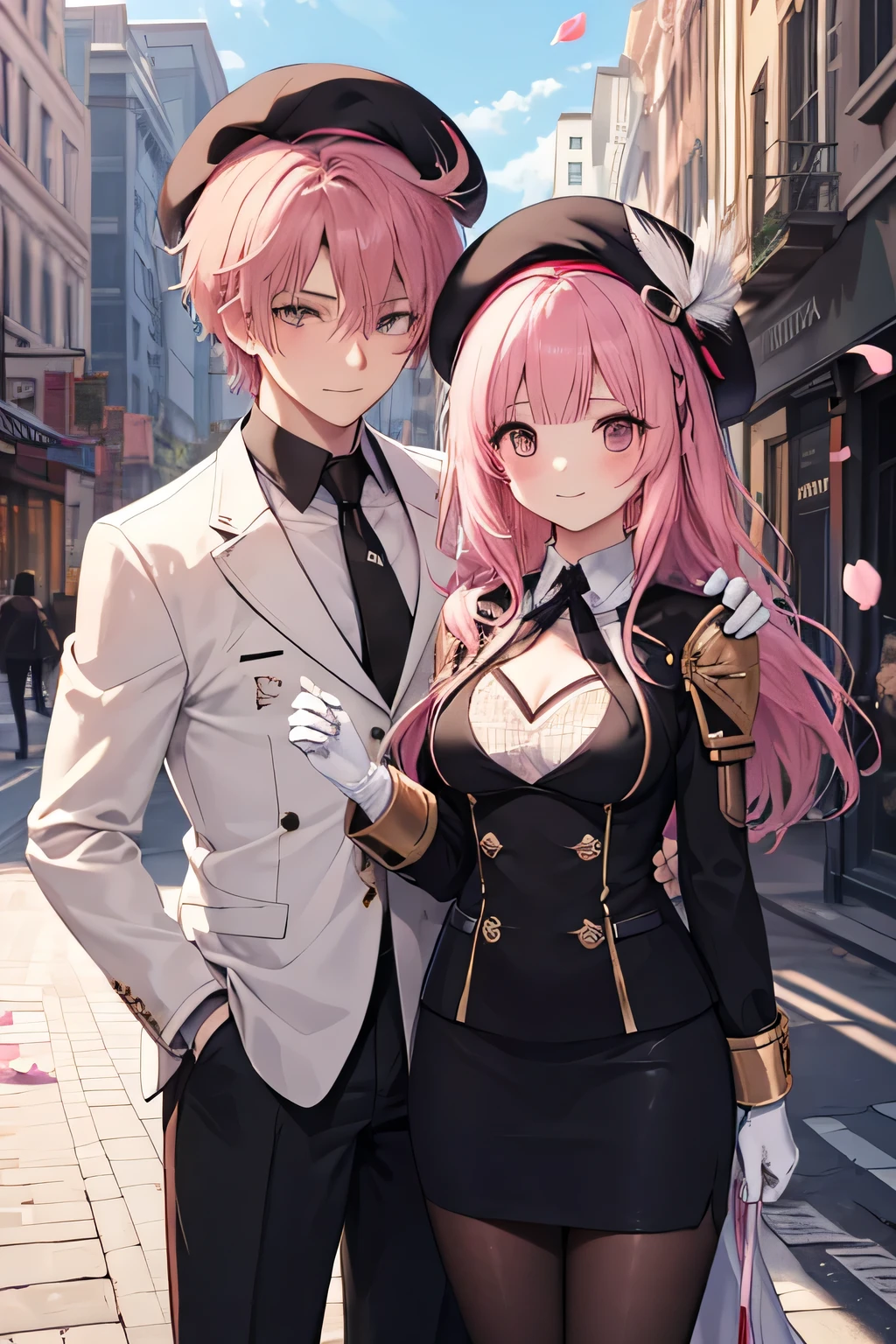 A pink haired woman with violet eyes with an hourglass figure is holding a navy haired boy with violet eyes in front of a cabin