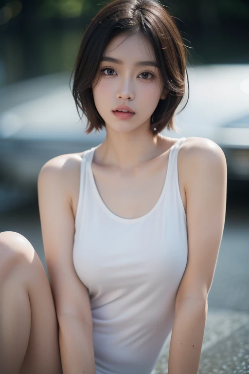 (Ultra Real), (Illustration), (High Resolution), (8K), (Very Detailed), (Best Illustration), (Beautiful Detailed Eyes), (Best Quality), (Ultra Detailed), (Masterpiece), (Wallpaper), (Detailed Face), Droopy Eyes, Sweaty, Upper Body Up, Armpits, Short Hair, Inner Color, Solo, Simple White Tank Top Girl, Japan Person, Big , (Camel Toe)