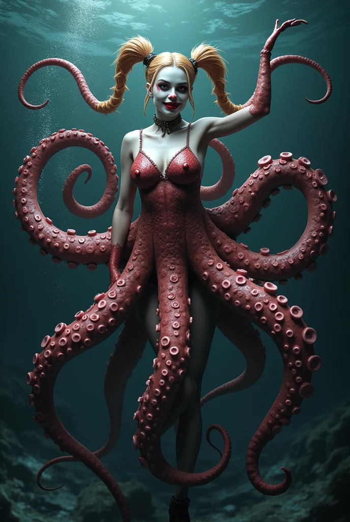 1 Female Human Octopus Hybrid Creature, (H.R.Giger)beautieful, sexy, orange leather armour, dangerous, evil, underwater, background ocean life