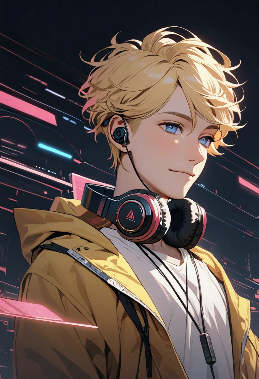 A young man with short blond hair, headphones around his neck, blue eyes, an open yellow jacket, white shirt, slight smile, huge floating pink holographic equalizer next to him