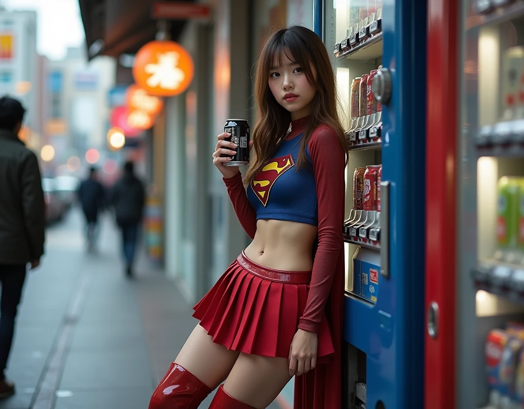 自動販売機にもたれて缶コーヒーを飲む Supergirl:1.331, Black Canned Coffee :1.331, standing:1.331,  perfect composition of drapes , Proper placement, Golden Ratio, (masterpiece,  best quality:1.331), Front View:1.331,  Supergirlのコスチュームの日本人女性:1.331,  Supergirl:1.331, (Sexy blue latex crop top  ,  red pleated mini skirt , Red Long Boots :1.21), Clear Detailed Eyes , brown eyes,  on a metal cylinder,  has a small head:1.331, 細身の体:1.331,  Thin Waist:1.331, Thin limbs:1.331,  flat chested:1.331, (gap:1.331), (  small hips :1.331),  brown hair,  wavy hair , Long bangs, Downtown,Vending Machine Corner ,  Dynamic and Emotional Movie Lighting , 