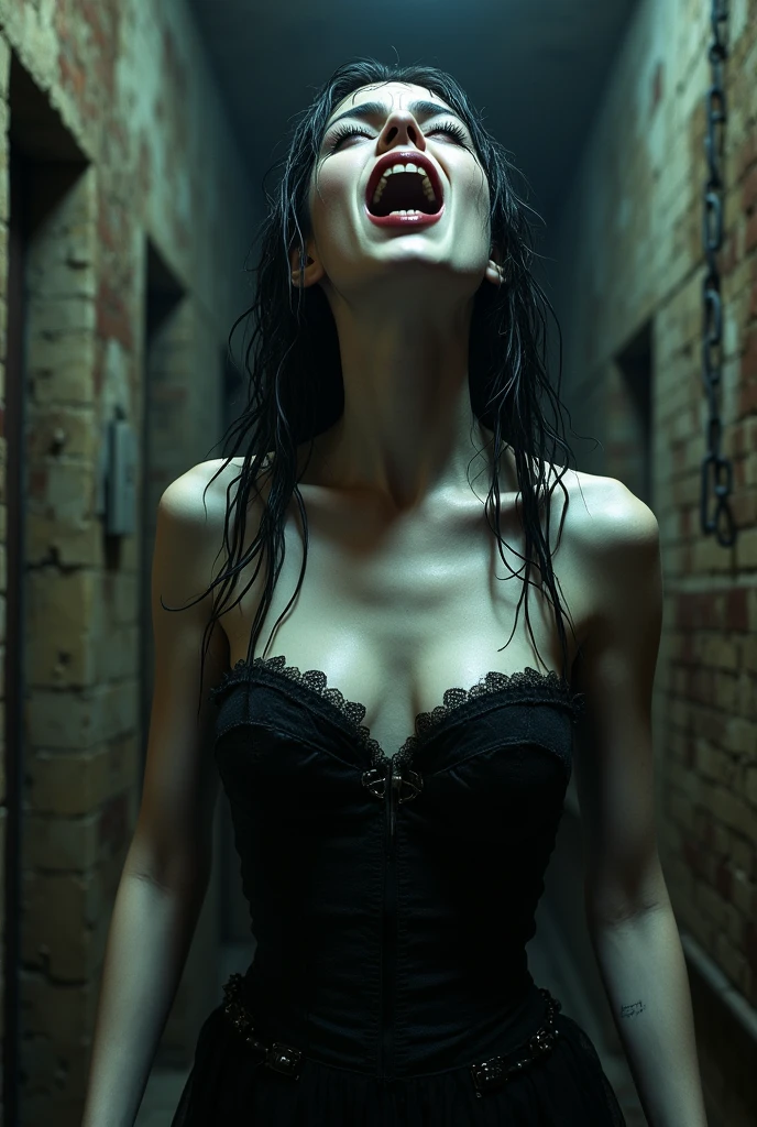 unparalleled beauty,Beautiful woman,scary expression,(prison),(prison),(in a cage),(slave),get down on all fours,crawl on hands and knees,kneeling position,Posture with butt sticking out,dog pose,((stick out tongue)),((drooling)),Kamimei,From above,((collar with chain)),(Chained:1.5), With cuffs,fetters,surrealism, f/1.2, fujifilm, 35mm, 8K, Super detailed, nffsw, table top, rough skin, high quality, 最high quality, hard disk