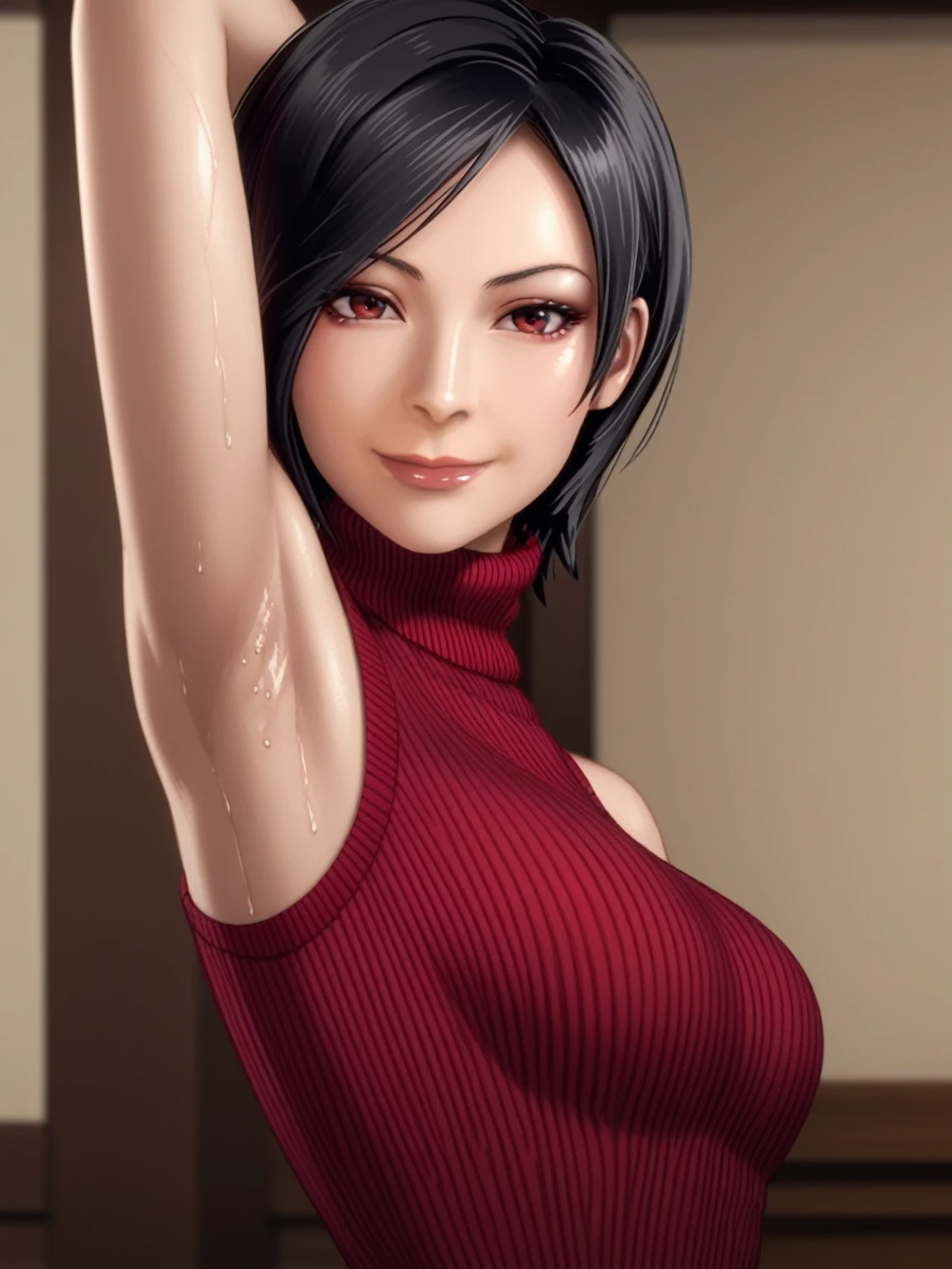 score_9, score_8_up, score_7_up, source_anime, anime screencap, 1girl, solo, Ada wong, red eyes, black hair, red sweater, sleeveless sweater, turtleneck sweater, ribbed sweater, arm up, raised arm, armpit, from side, looking at viewer, head towards viewer, smile, closed mouth, badhandv4, indoors , detailed armpits, sweaty armpits