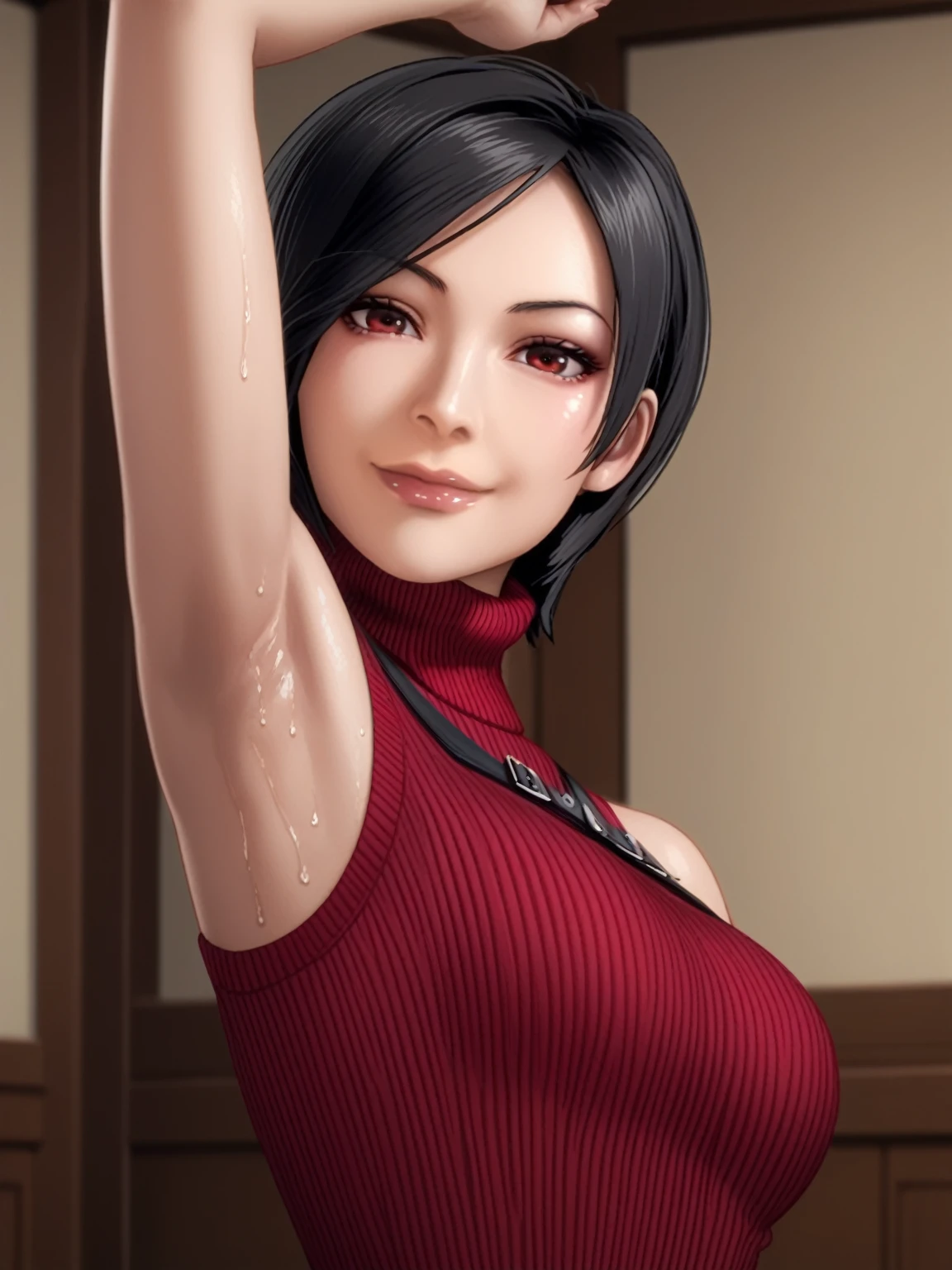 score_9, score_8_up, score_7_up, source_anime, anime screencap, 1girl, solo, Ada wong, red eyes, black hair, red sweater, sleeveless sweater, turtleneck sweater, ribbed sweater, arm up, raised arm, armpit, from side, looking at viewer, head towards viewer, smile, closed mouth, badhandv4, indoors , detailed armpits, sweaty armpits