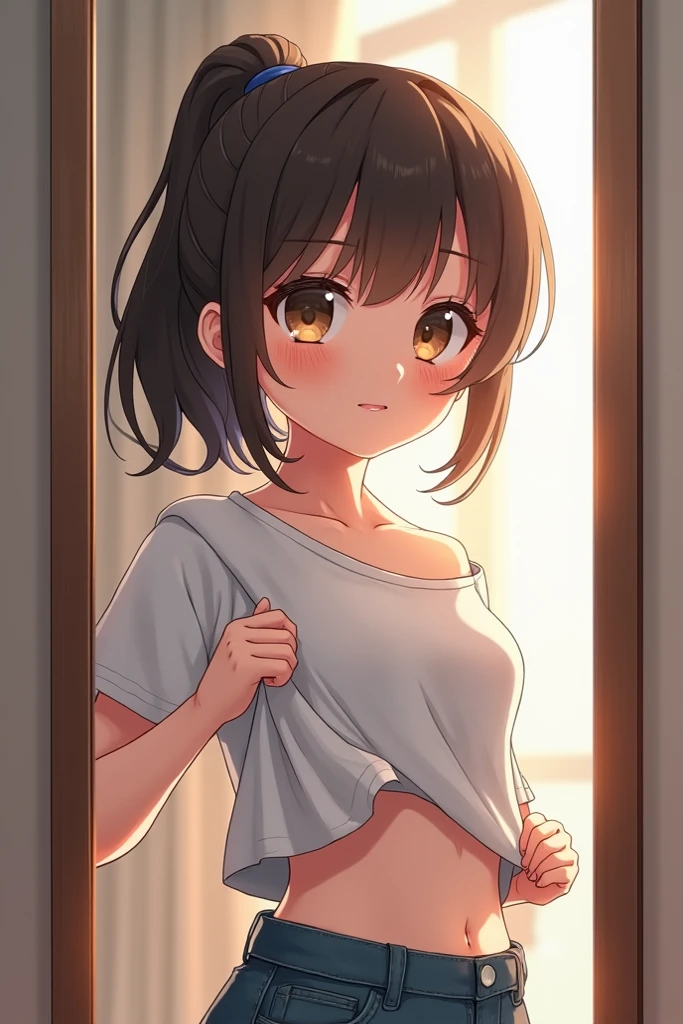 (masterpiece、top-quality、hight resolution、photos realistic、real looking skin:1.1)、Japan girls at 15 years old、short stature、full bodyesbian、(very small breasts:1.5)、Beautiful eyes、Shining eyes、embarrassed from、short twintails、no bra、Chest Pochi、(Sheer white tank top:1.5)、is standing、(arms behind back:1.5)、(Bedroom at night:1.5)、(linen child panties:1.5)、nsfw