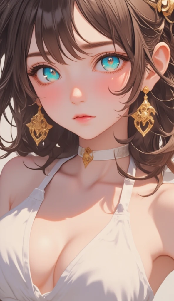 Illustration、 anime style、cowboyshot、cute girl, ( brown hair), ((Very cute hair)),  perfect face,  innocent smile ,  upper body,(Cerulean Eye), (Yang), ( smaller), (slender), (( flat chested)), ((Only 16)),  Skintation ,  Extreme Details,  charming oval face ,  red lips, pink,  Shiny Skin ,  detailed hair,  face focus to be interrogated, Breast close-up,  Luxurious Hair Ornaments,  gold earrings, (( 1 girl)),  Embarrassing Facial Expression ,