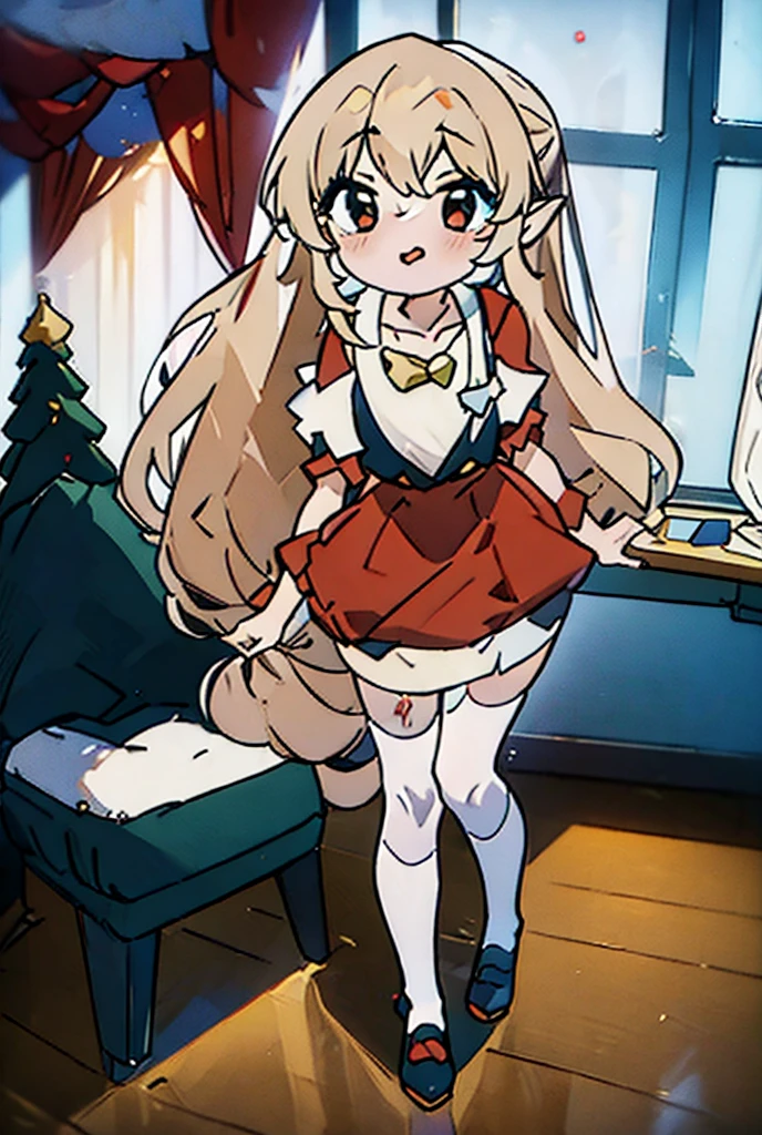 (Masterpiece), Xmas party, Long Hair, Open Mouth, Rin at Christmas party, Santa and elves, crushed velvet dress, red dress, short dress, white stockings, white trim, Christmas tree in background, Christmas party 